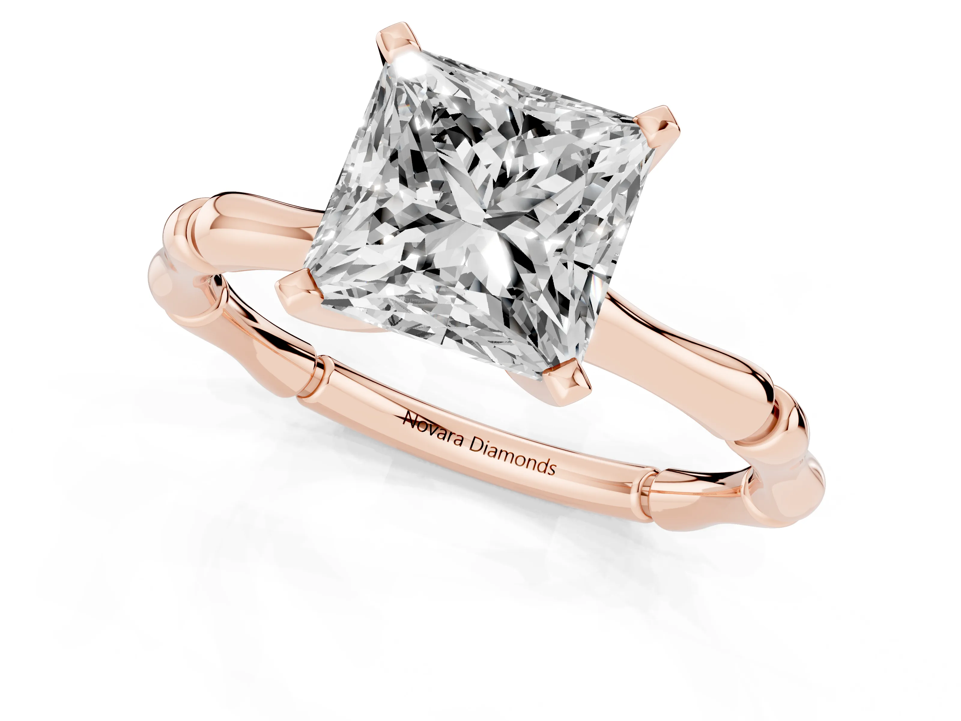 Princess Cut Diamond Solitaire Ring Set in Rose gold with Bamboo Band and Prong Setting