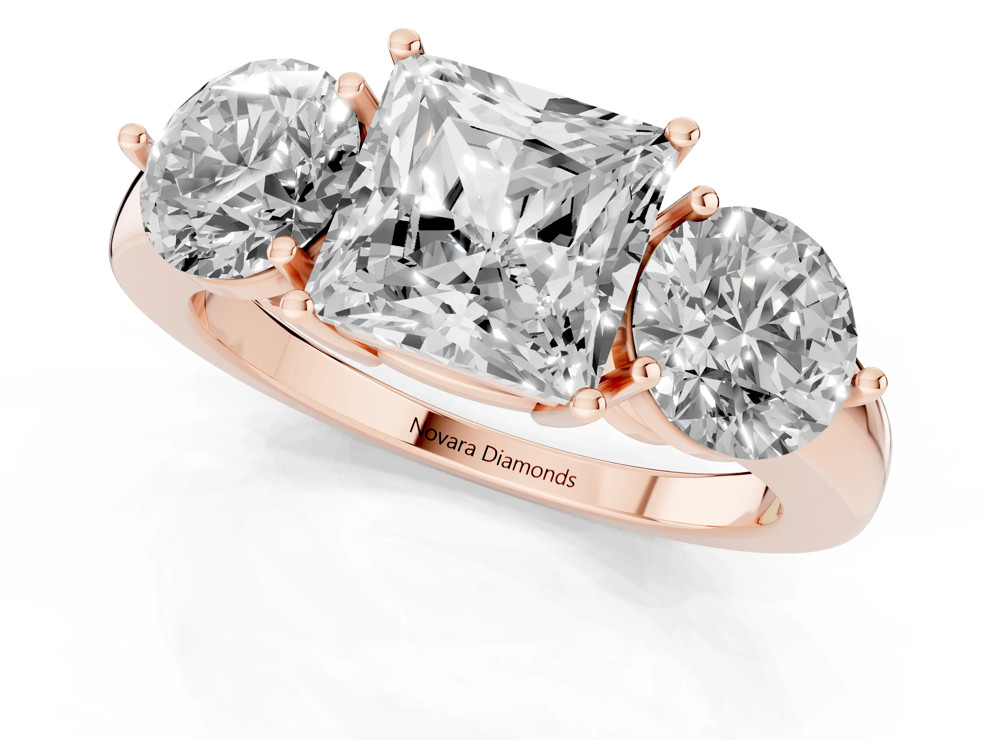 Princess Cut Diamond Three-Stone Ring Set in Rose gold with Prong Setting and Plain Band