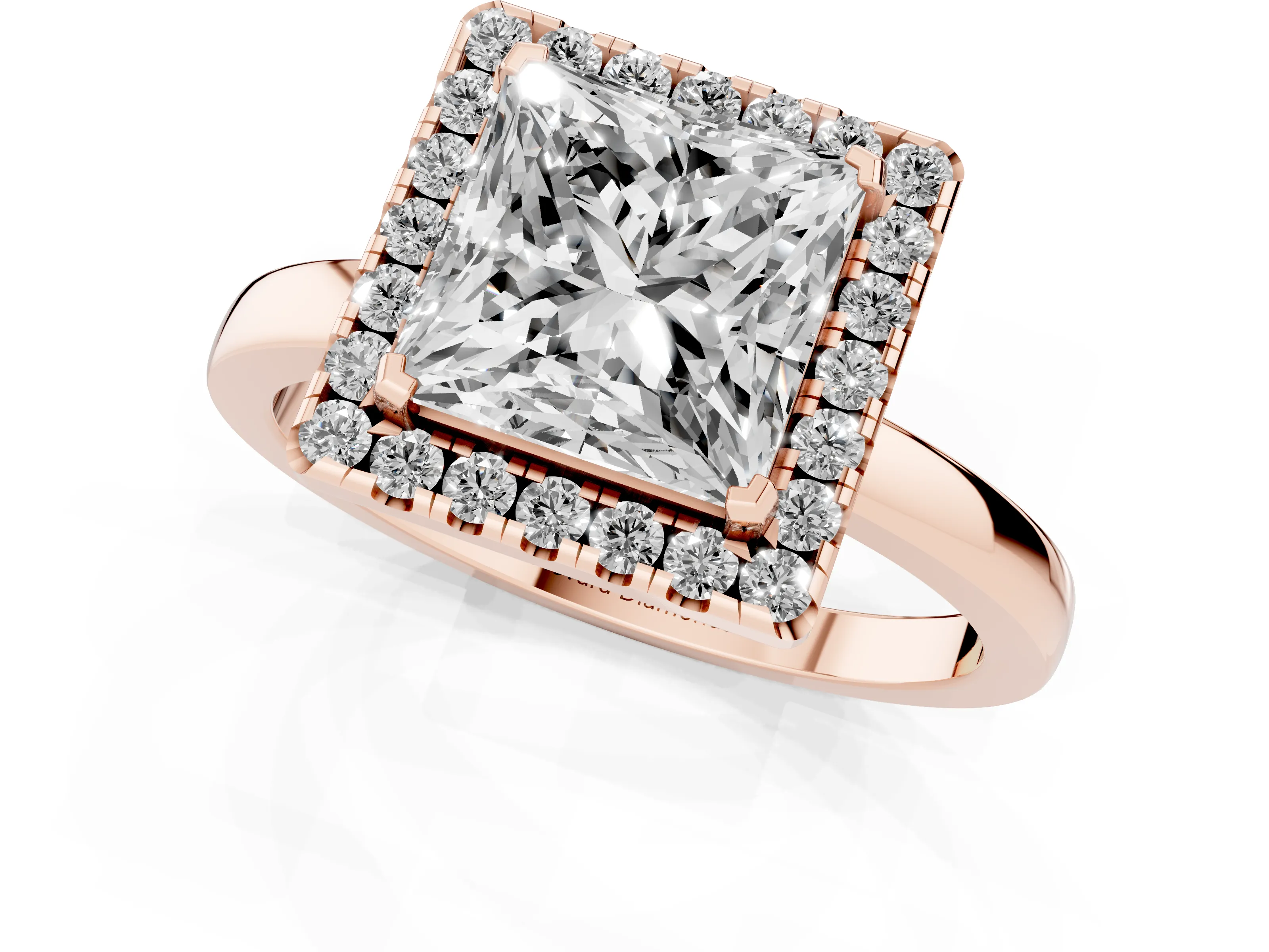 Princess Cut Diamond Halo Solitaire Ring Set in Rose gold with Pavé Band and Prong Setting