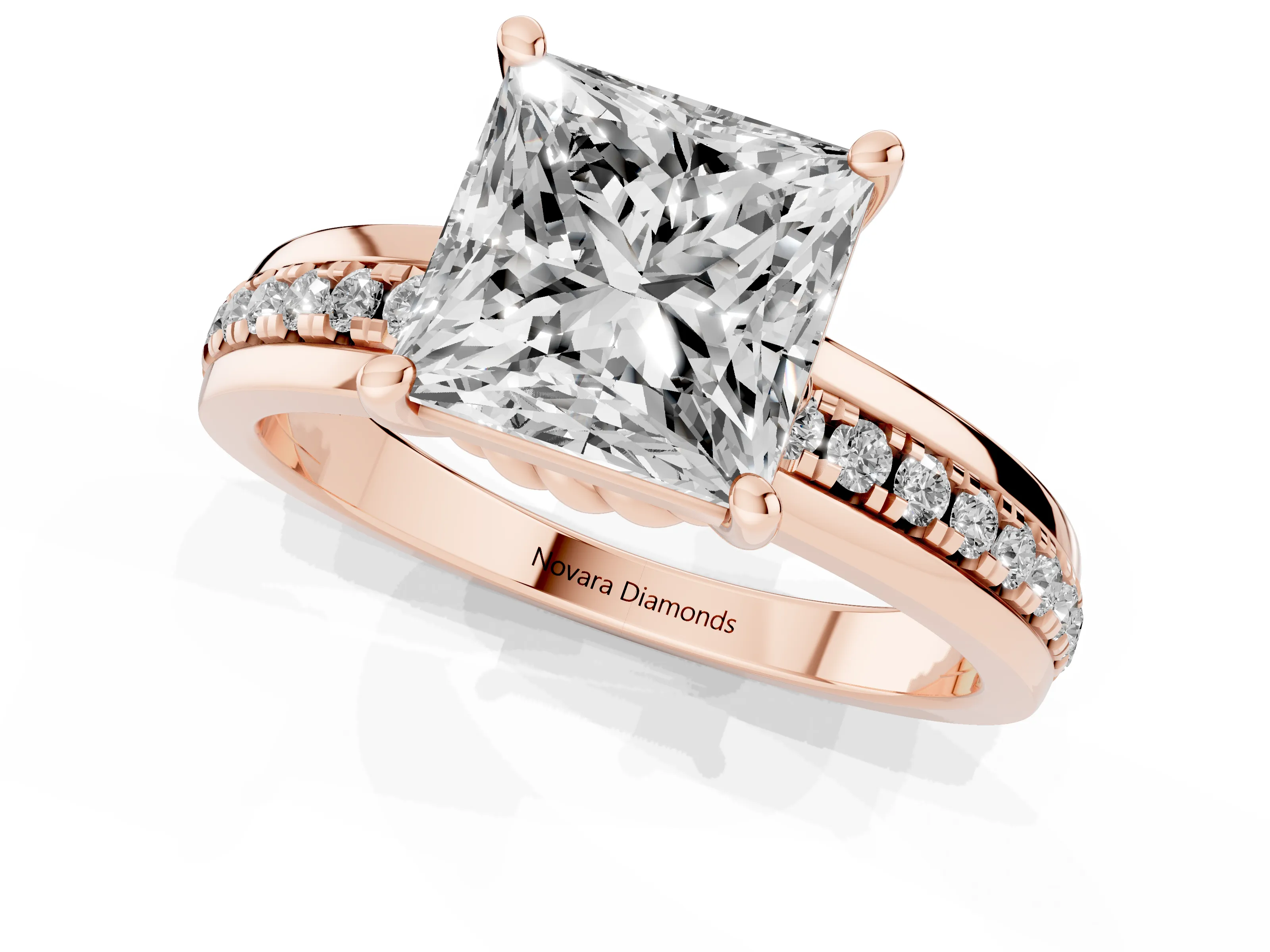Princess Cut Diamond Solitaire Ring Set in Rose gold with Channel Set Band and Prong Setting
