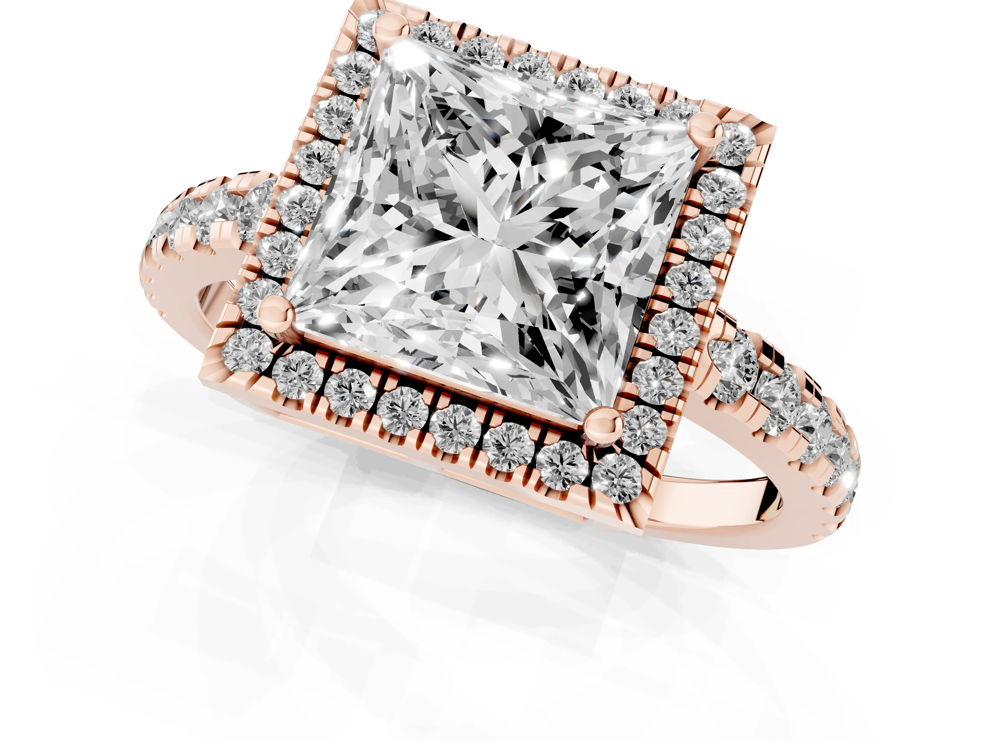 Princess Cut Diamond Halo Ring Set in Rose gold with Delicate Pavé Band and Prong Setting