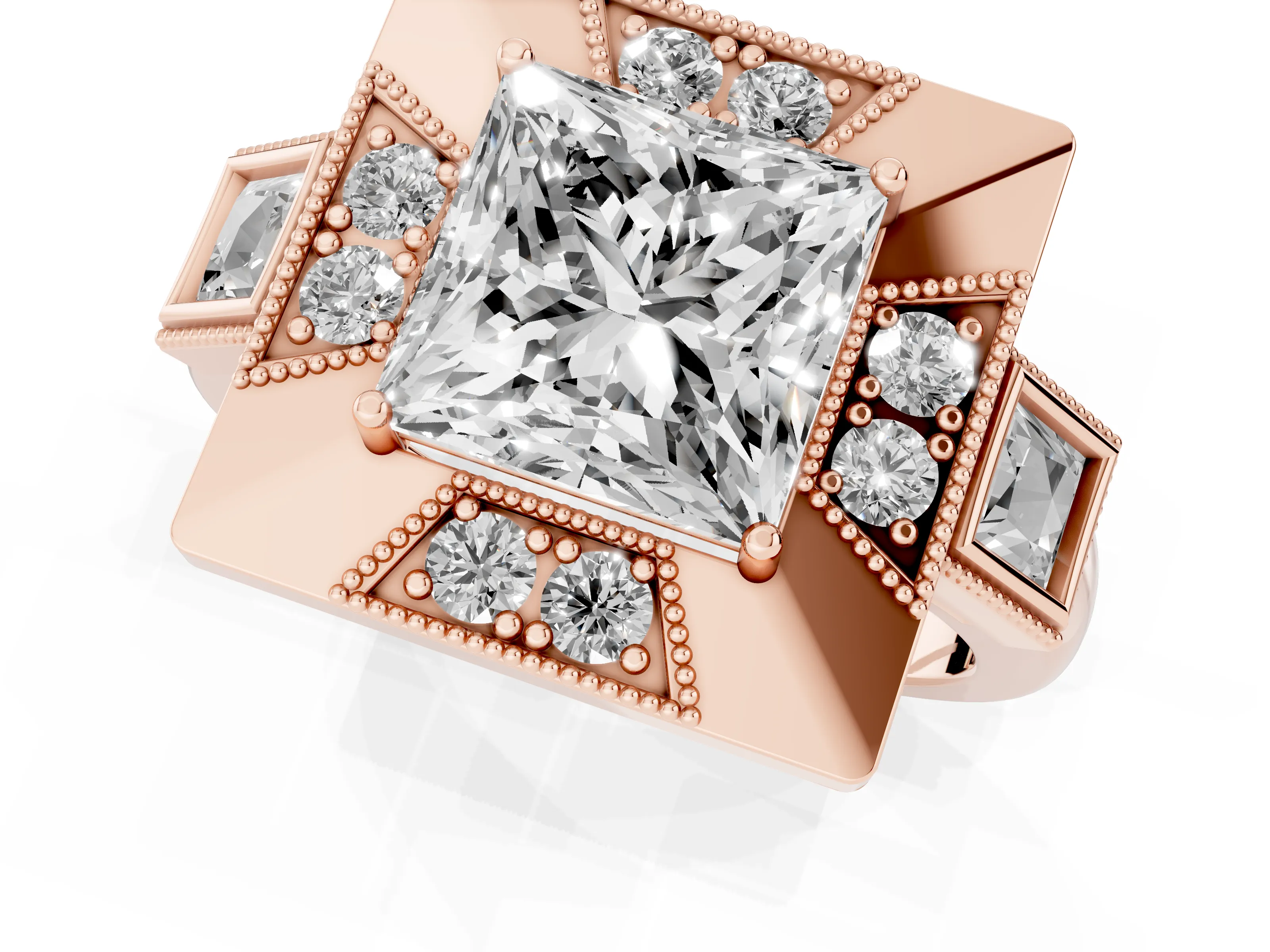 Princess Cut Diamond Milgrain Halo Ring Set in Rose gold with Split Shank