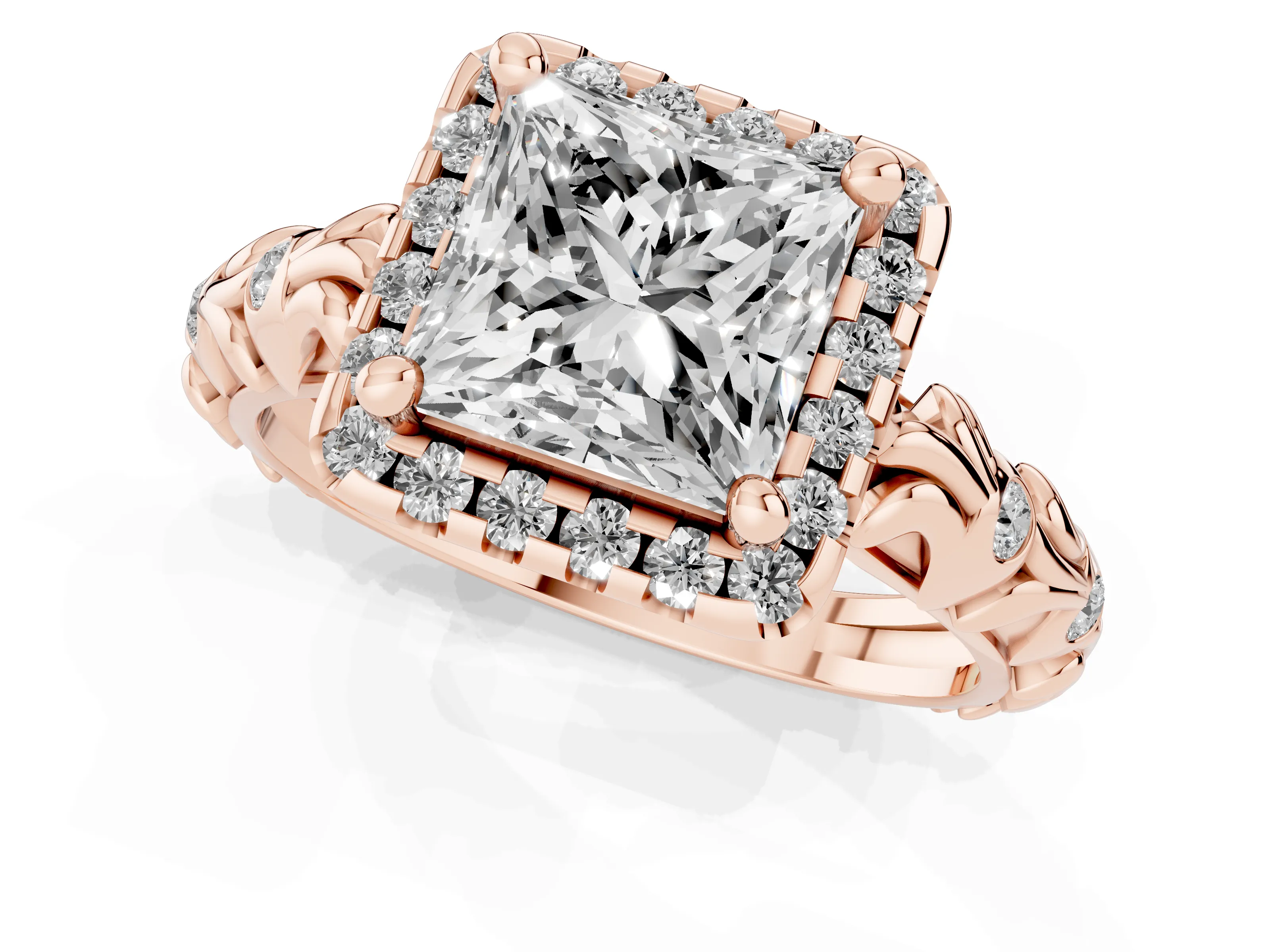Princess Cut Diamond Halo Ring Set in Rose gold with Filigree Leaf Band and Prong Setting