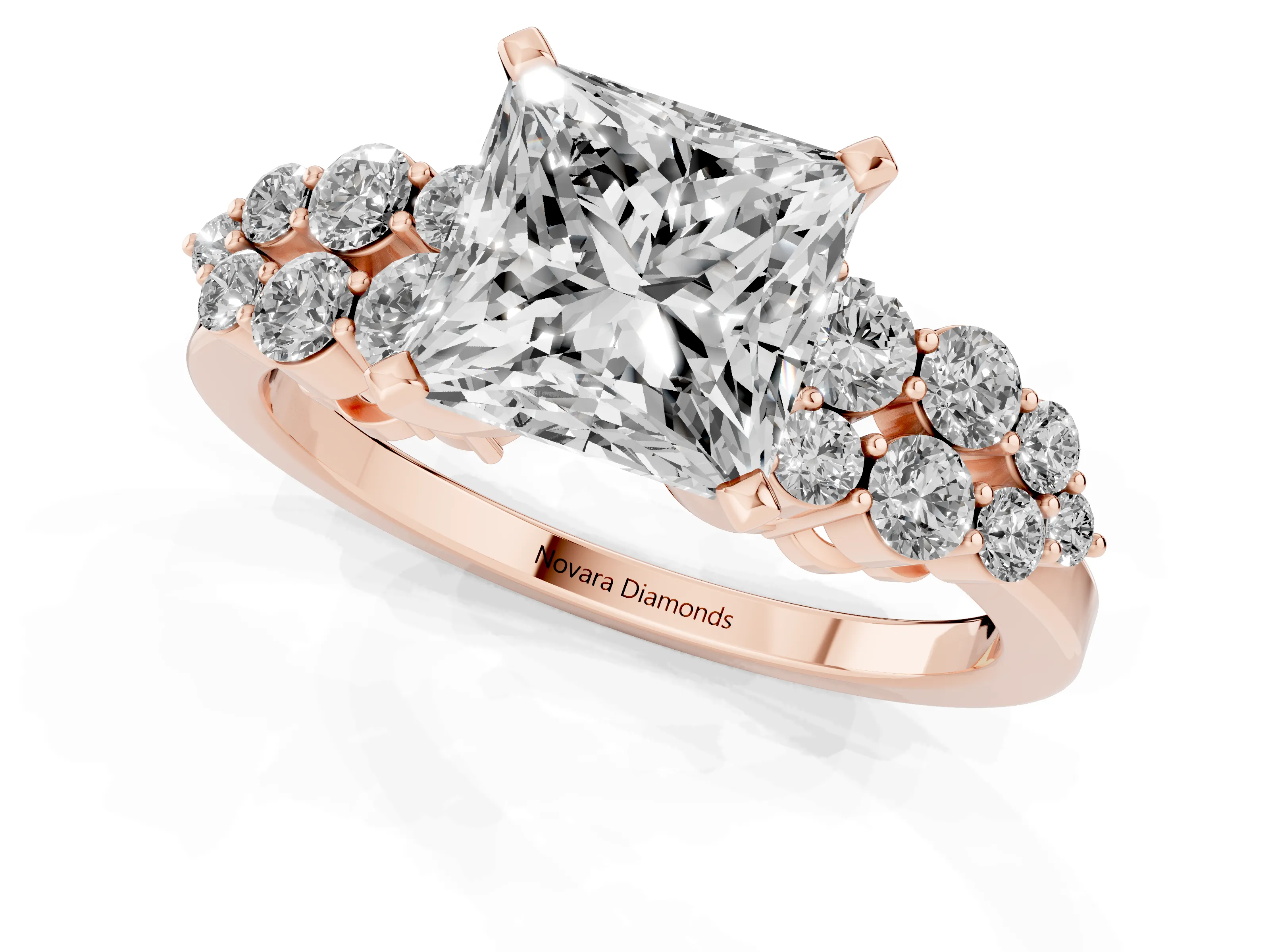 Princess Cut Diamond Cluster Engagement Ring Set in Rose gold with Pavé Band and Prong Setting