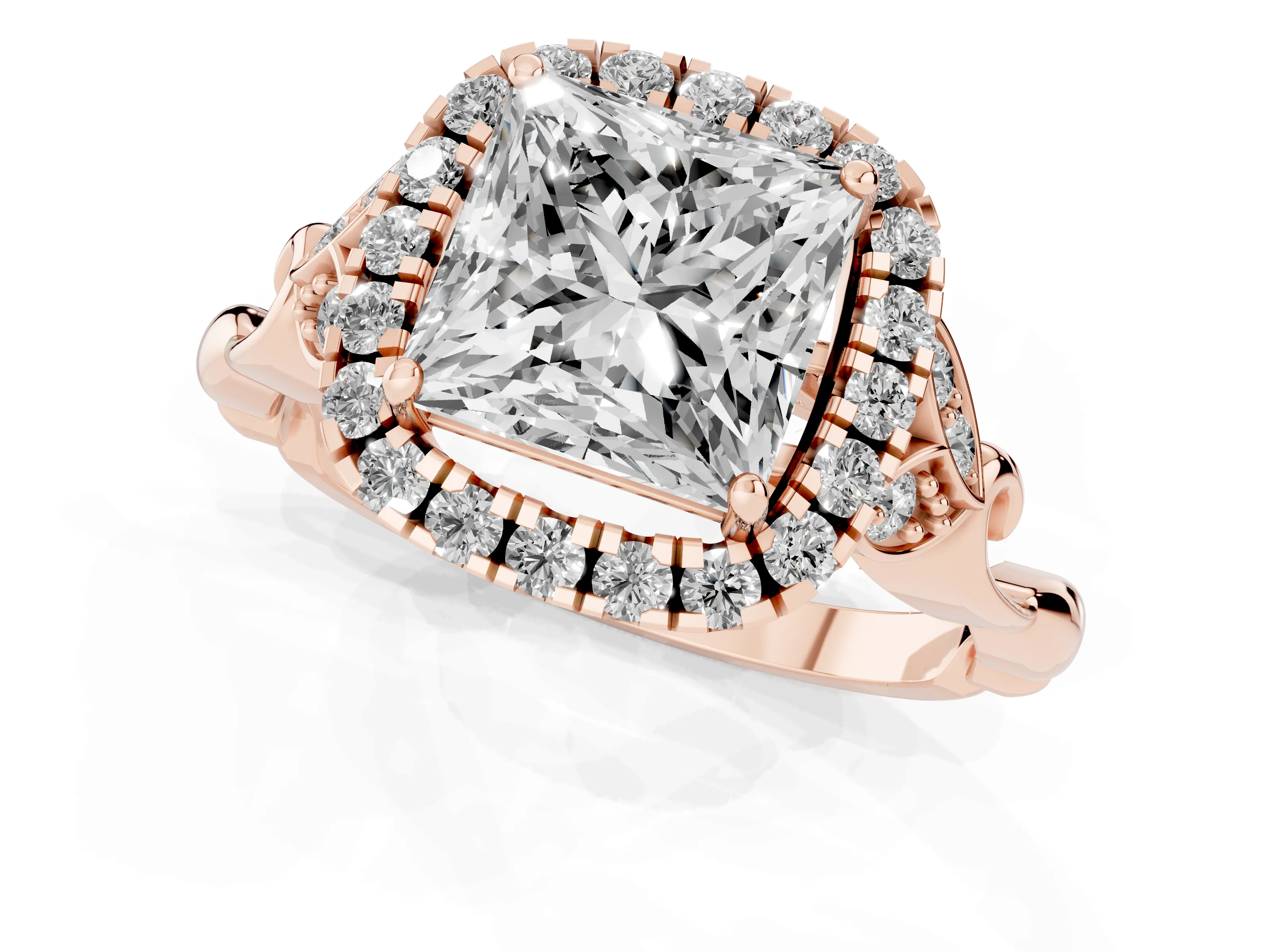 Princess Cut Diamond Halo Engagement Ring Set in Rose gold with Vintage-Inspired Band and Prong Setting