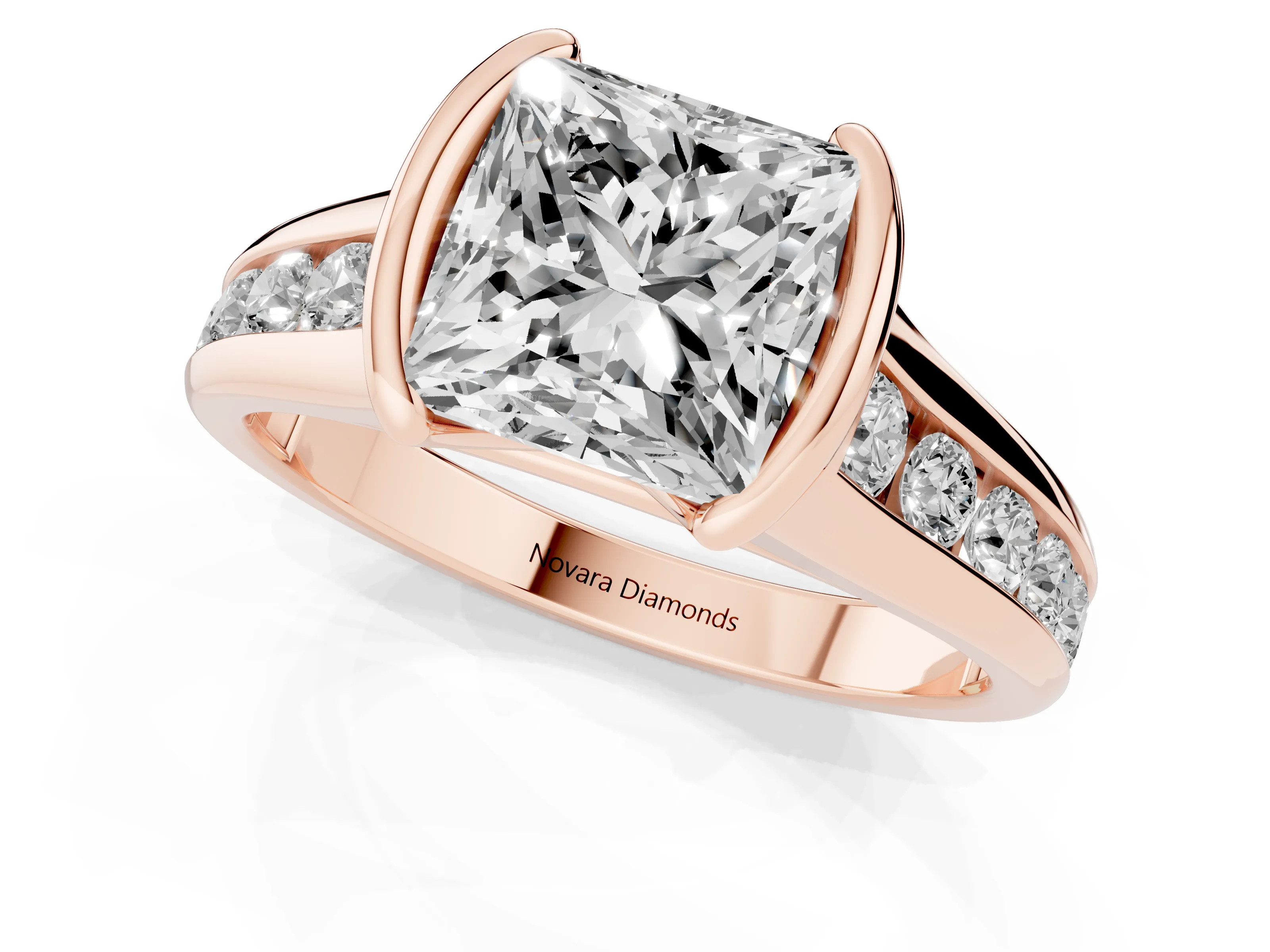 Princess Cut Diamond Bezel-Set Solitaire Ring Set in Rose gold with Channel-Set Band