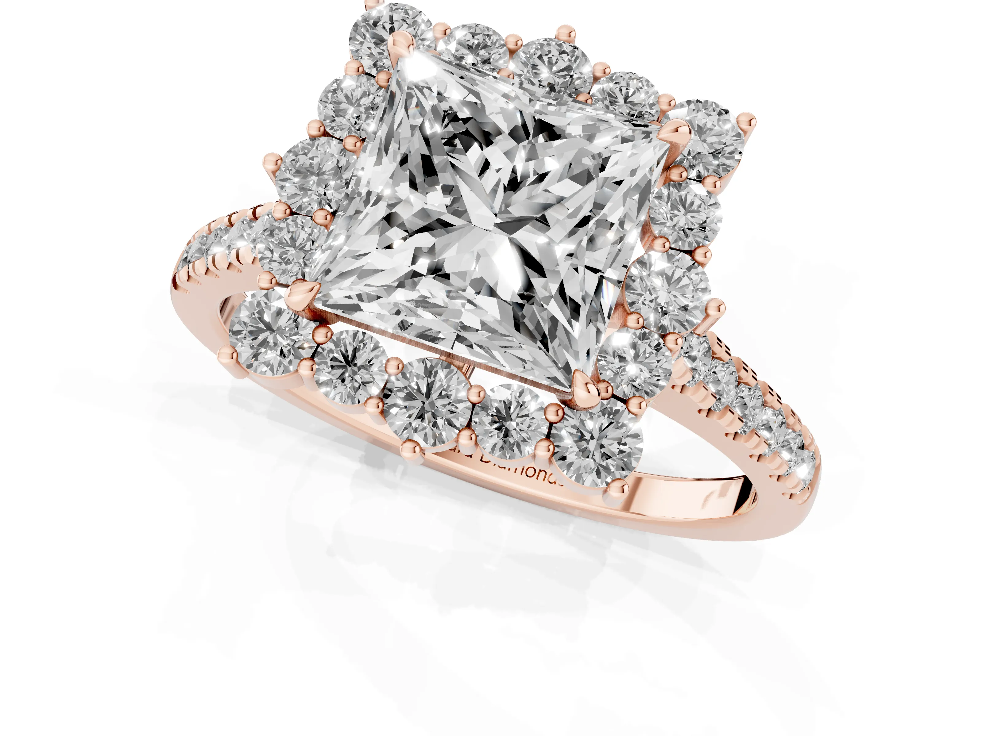 Princess Cut Diamond Halo Ring Set in Rose gold with Pavé Band and Prong Setting