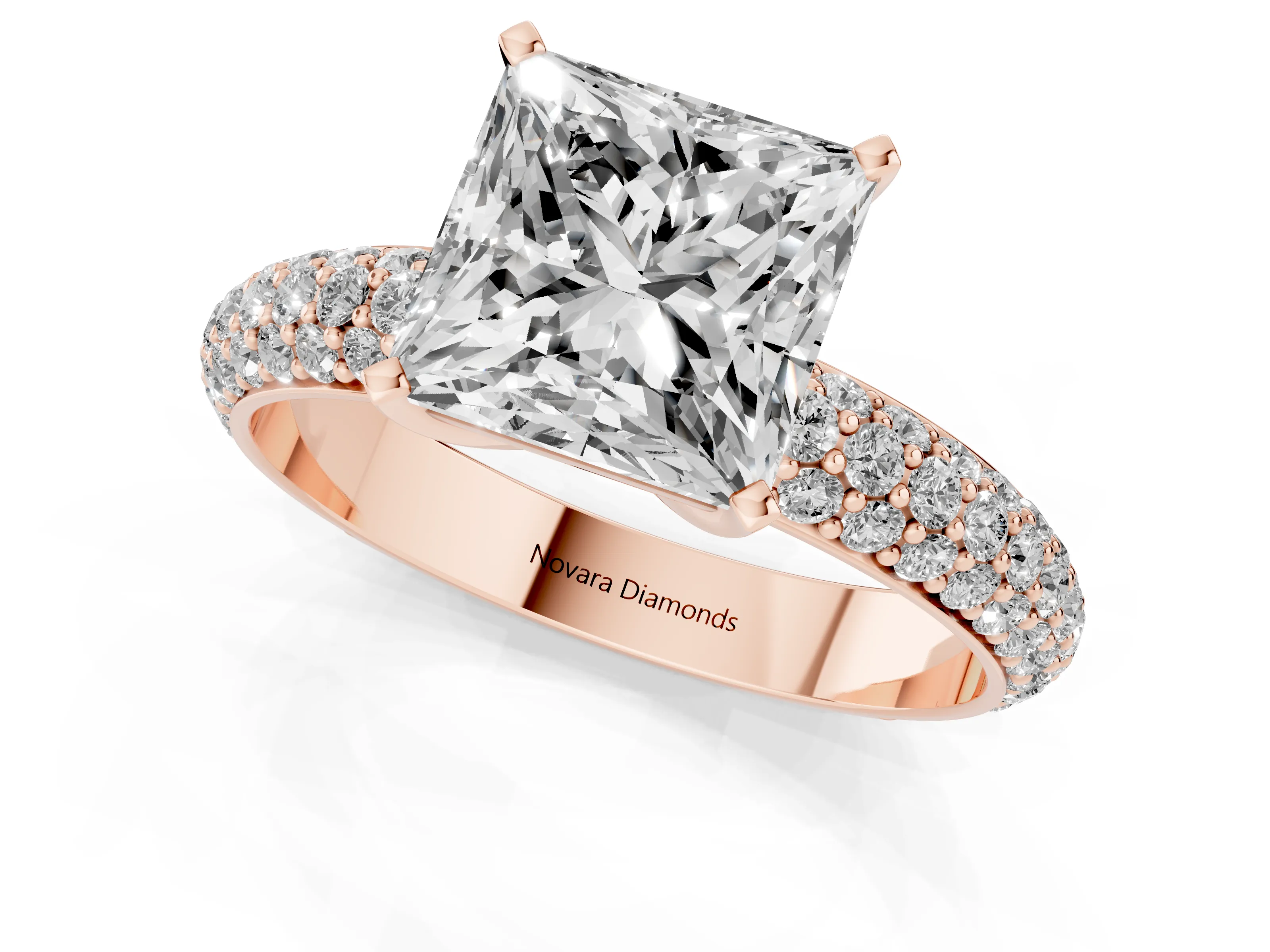 Princess Cut Diamond Solitaire Ring Set in Rose gold with Prong Setting and Pavé-Set Band