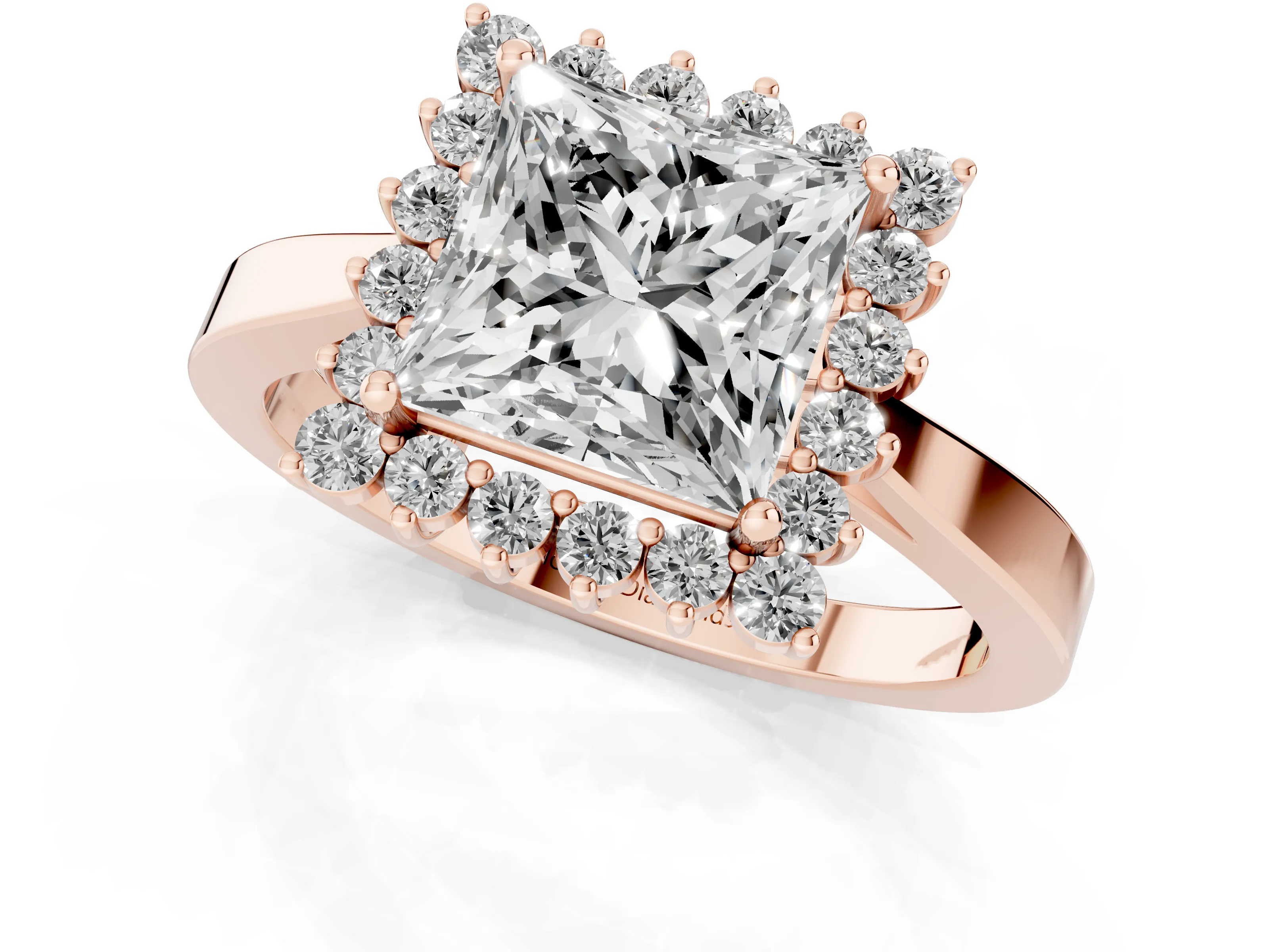 Princess Cut Diamond Halo Ring Set in Rose gold with Round Halo and Smooth Solitaire Band