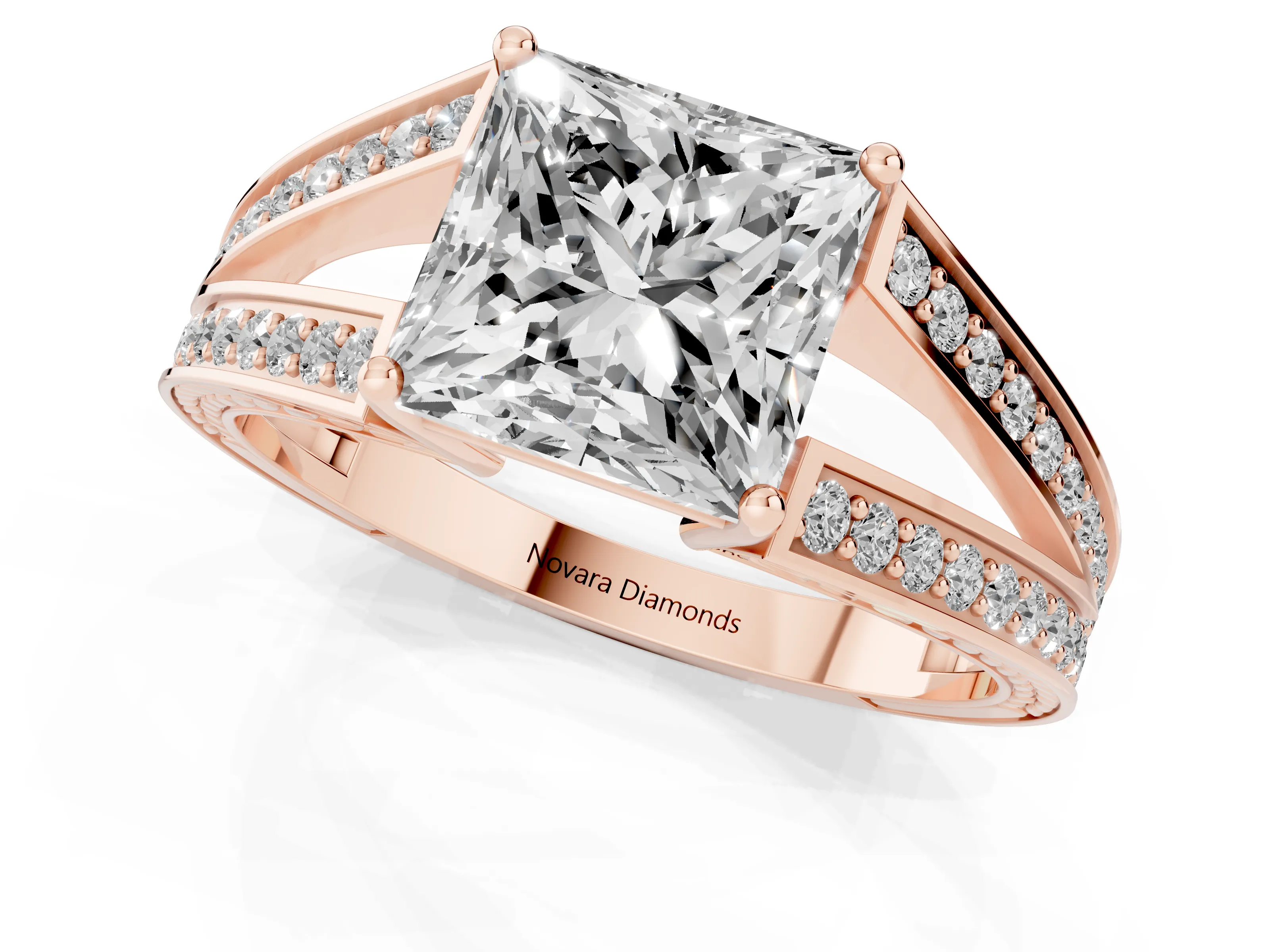 Princess Cut Diamond Split Shank Ring Set in Rose gold with Pavé Band and Prong Setting