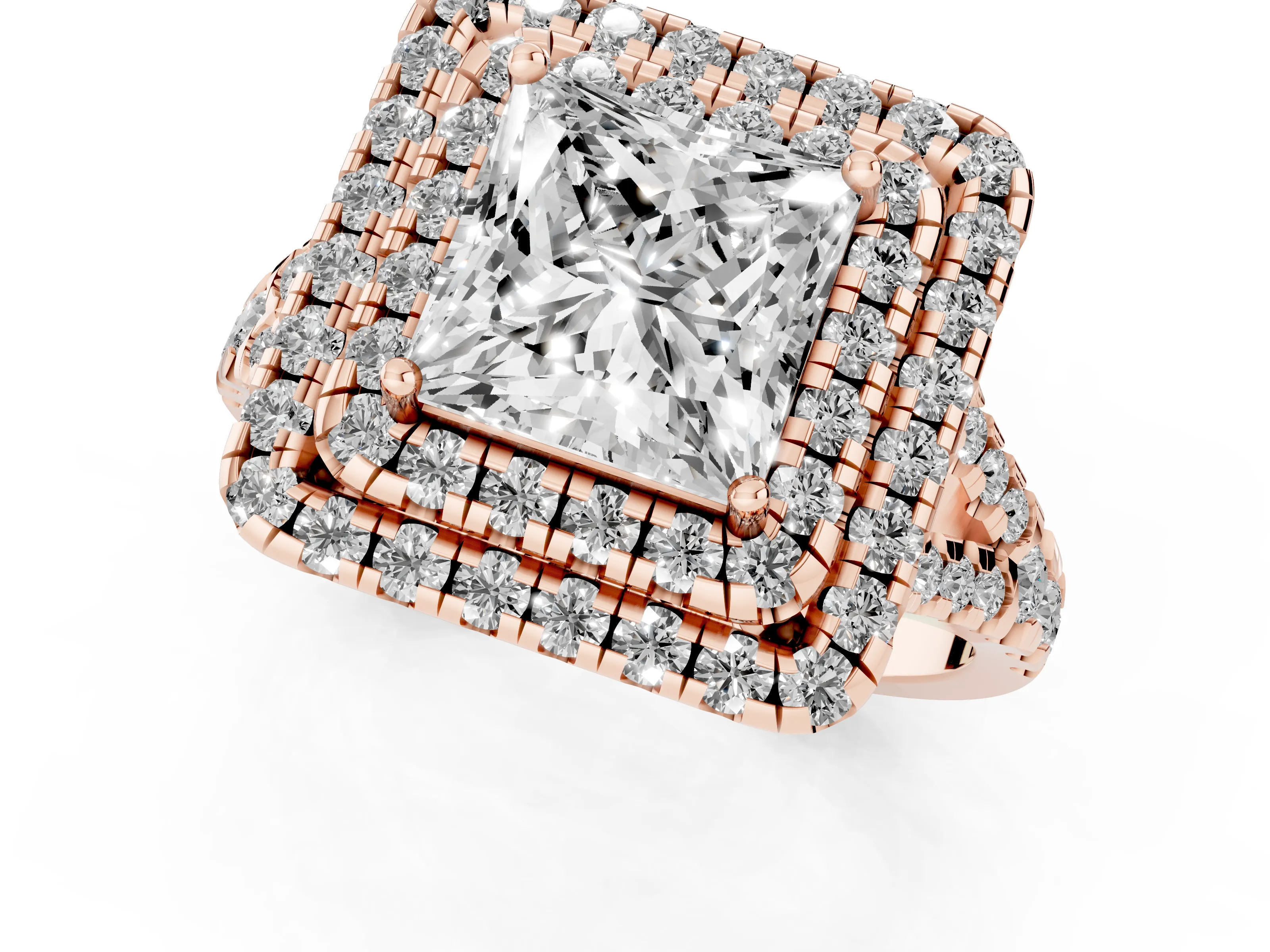Princess Cut Diamond Double Halo Ring Set in Rose gold with Pavé Split Shank and Prong Setting