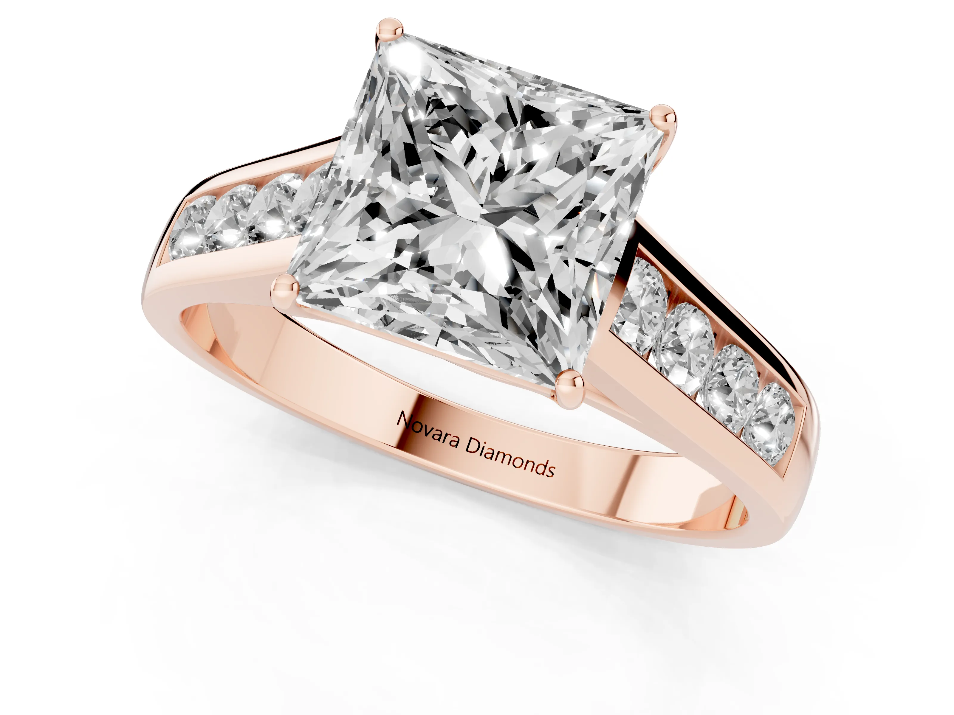 Princess Cut Diamond Solitaire Channel-Set Engagement Ring Set in Rose gold with Prong Setting