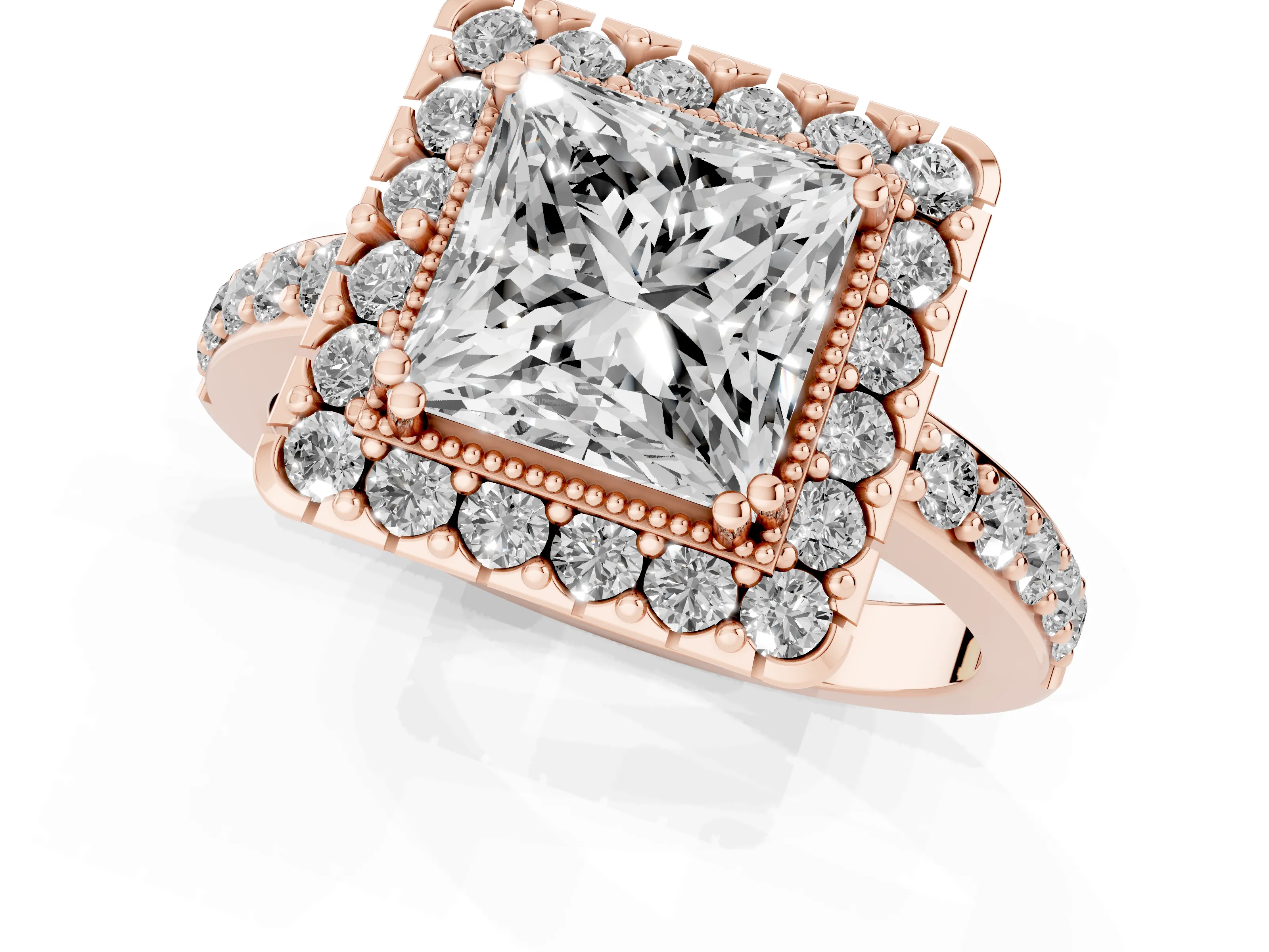 Princess Cut Diamond Halo Ring Set in Rose gold with Pavé Shank and Prong Setting