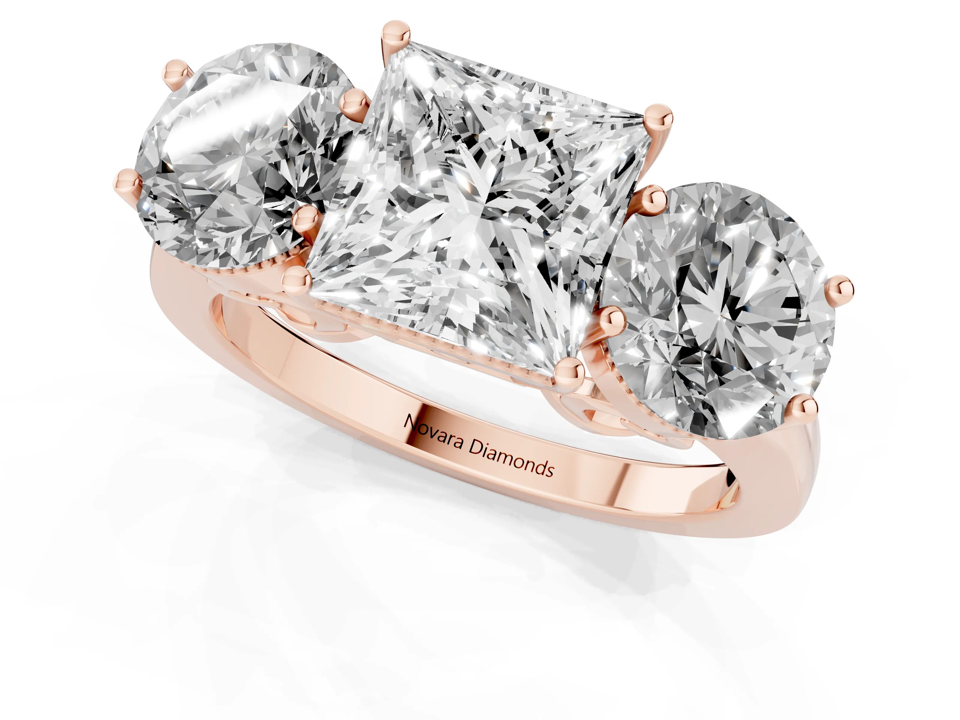 Princess Cut Diamond Three-Stone Engagement Ring Set in Rose gold with Polished Band