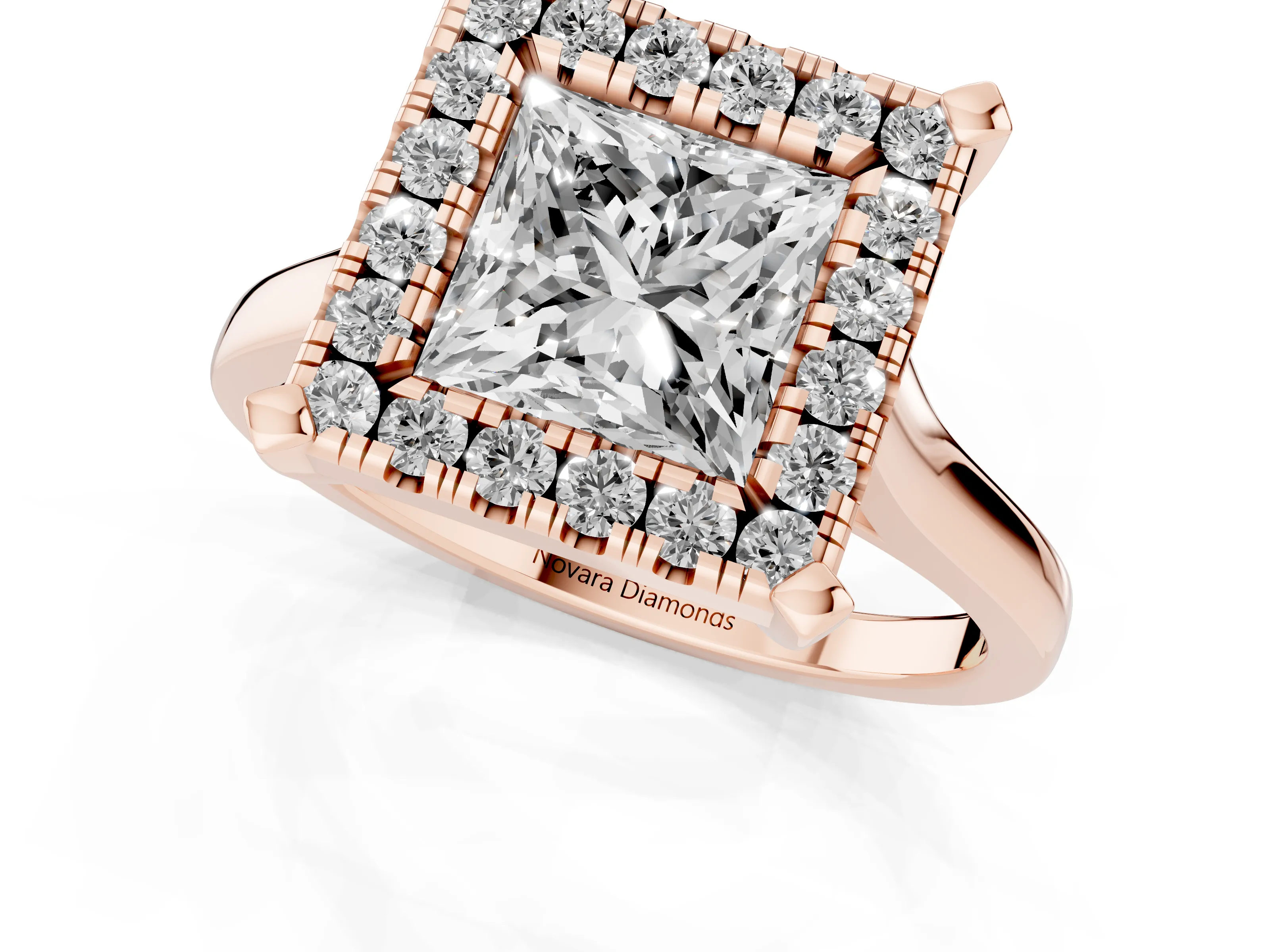 Princess Cut Diamond Cluster Halo Solitaire Ring Set in Rose gold with Prong Setting