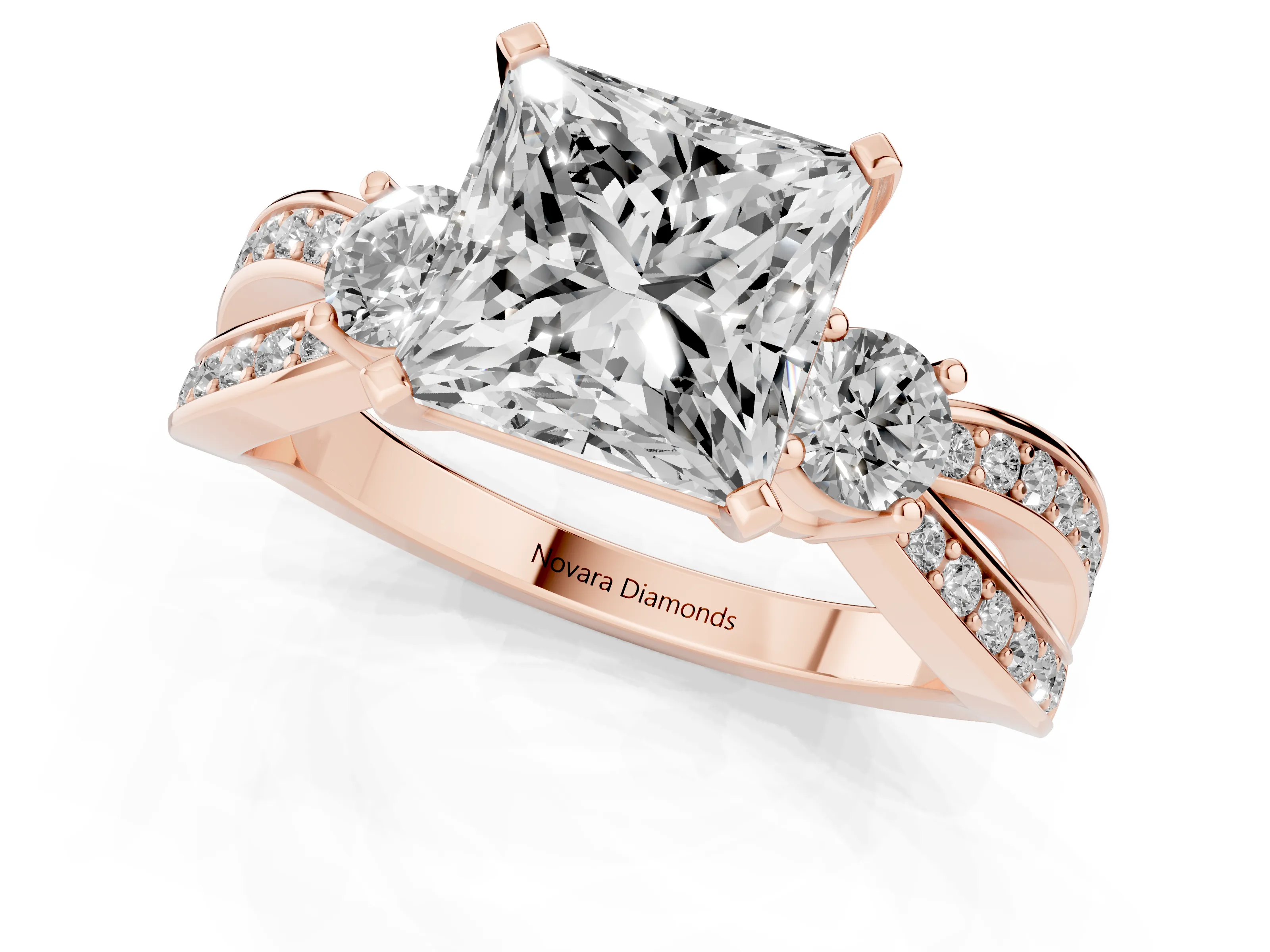 Three-Stone Princess Cut Diamond Twist Band Ring Set in Rose gold with Pavé Accents and Prong Setting