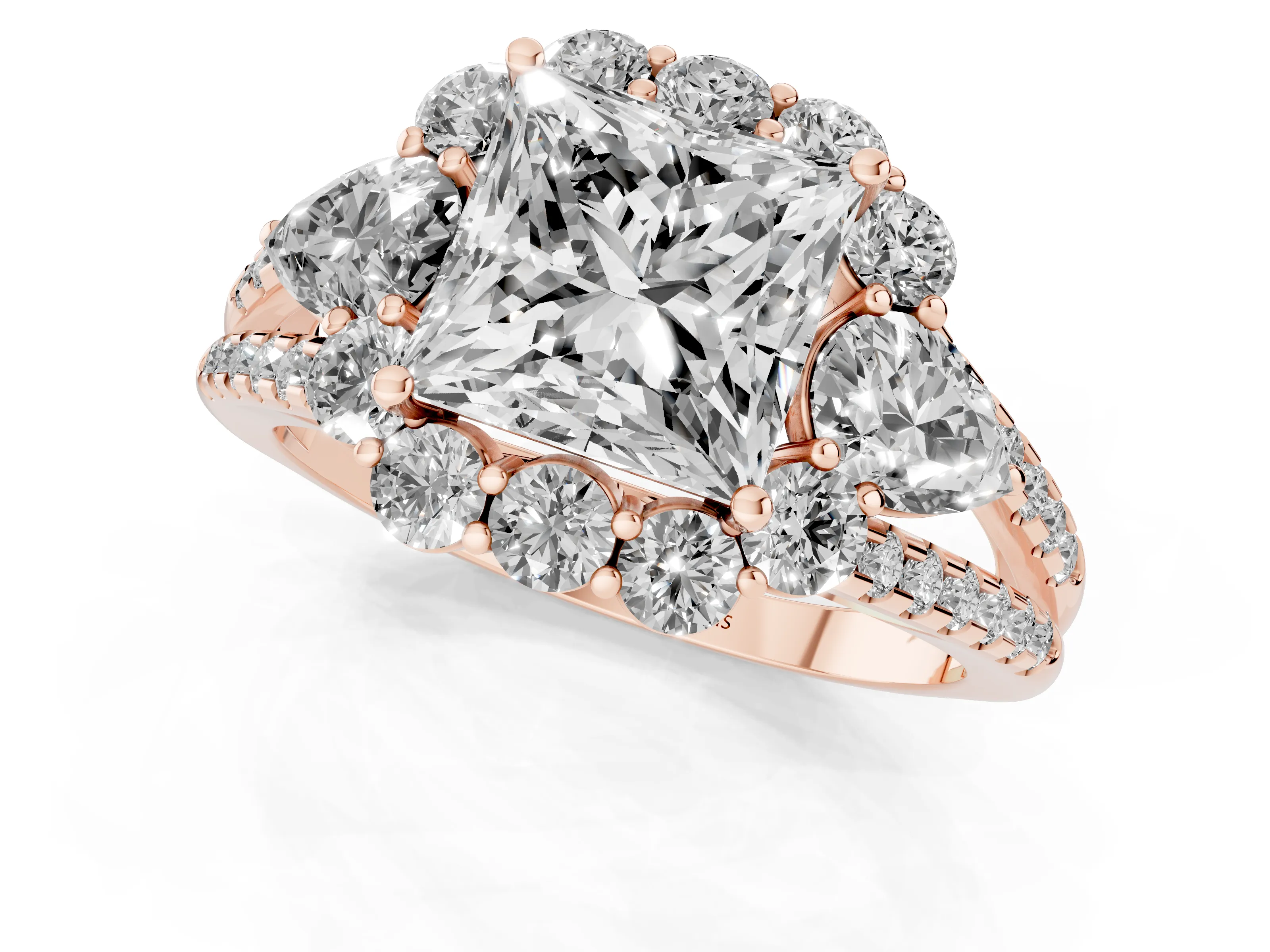 Princess Cut Diamond Halo Split Shank Engagement Ring Set in Rose gold with Prong-Held Center Stone