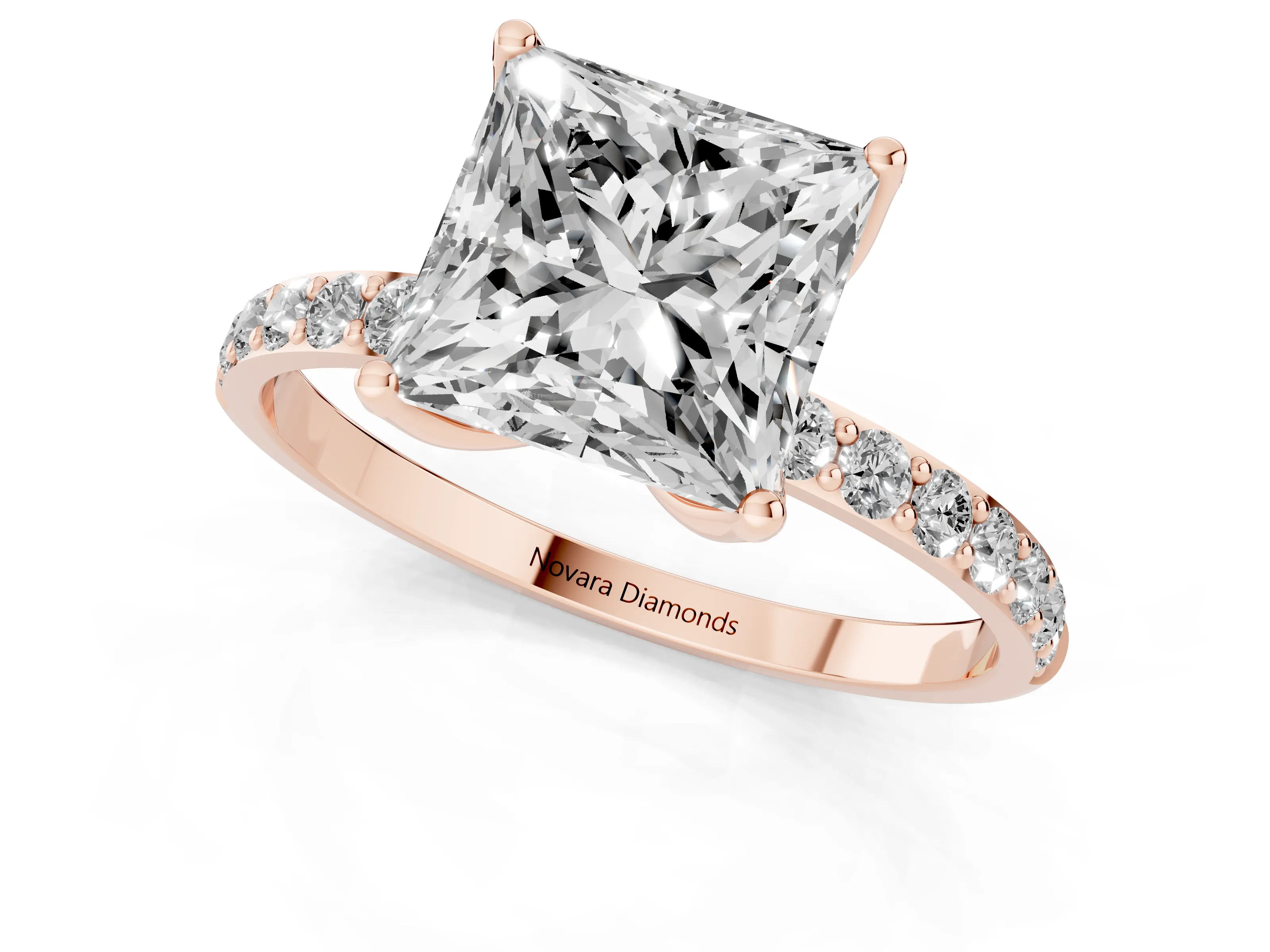 Princess Cut Diamond Solitaire Engagement Ring Set in Rose gold with Round Pavé Band and Prong Setting