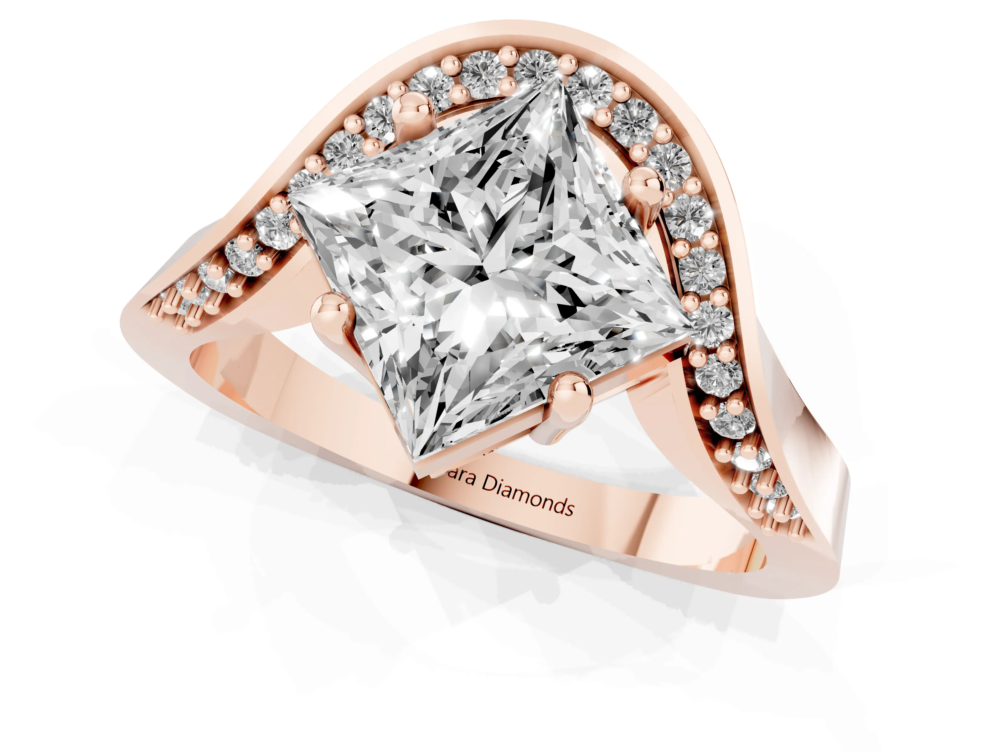 Princess Cut Diamond Solitaire Engagement Ring Set in Rose gold with Pavé Shoulders