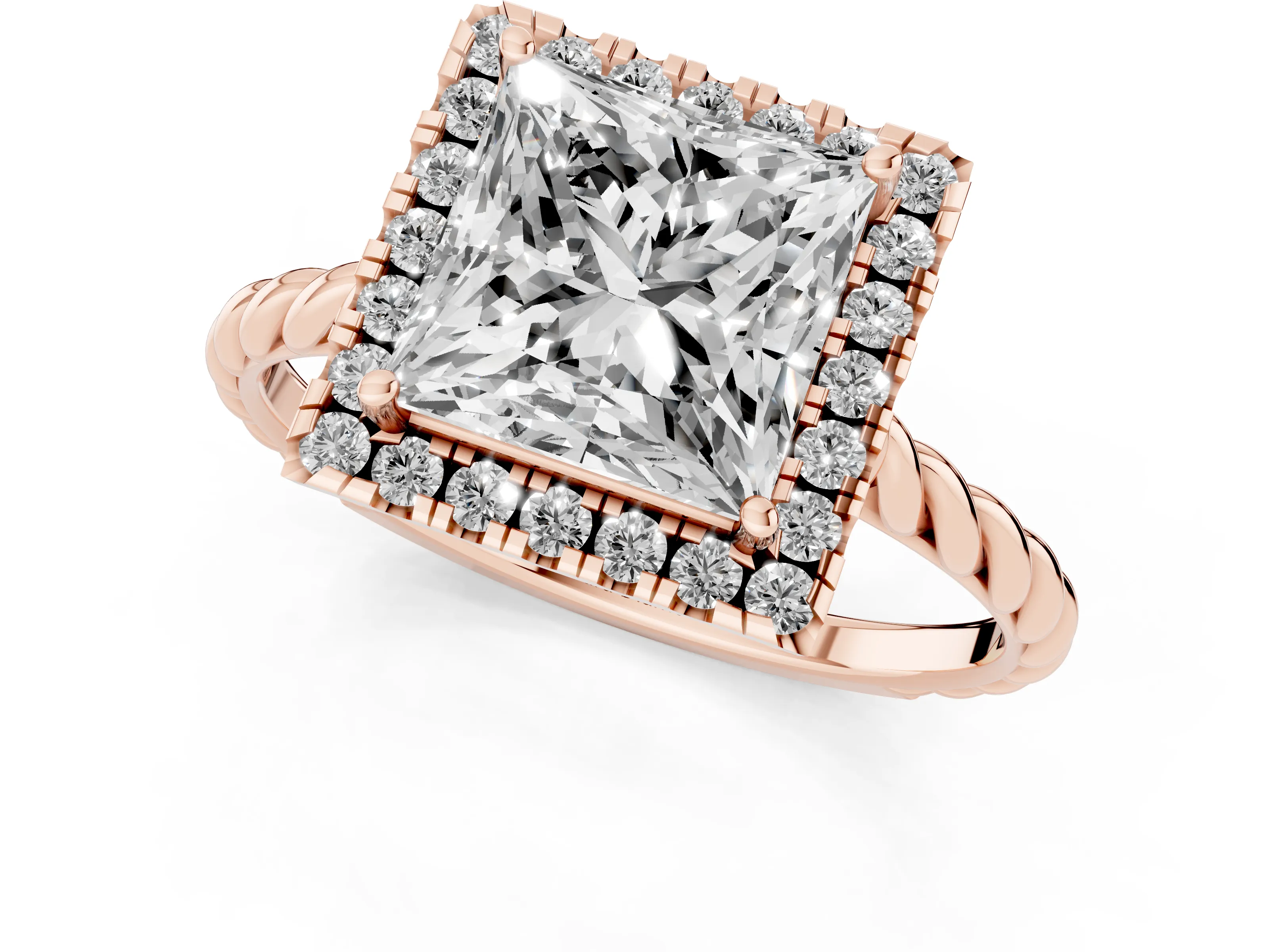 Princess Cut Diamond Halo Ring Set in Rose gold with Plain Twisted Band