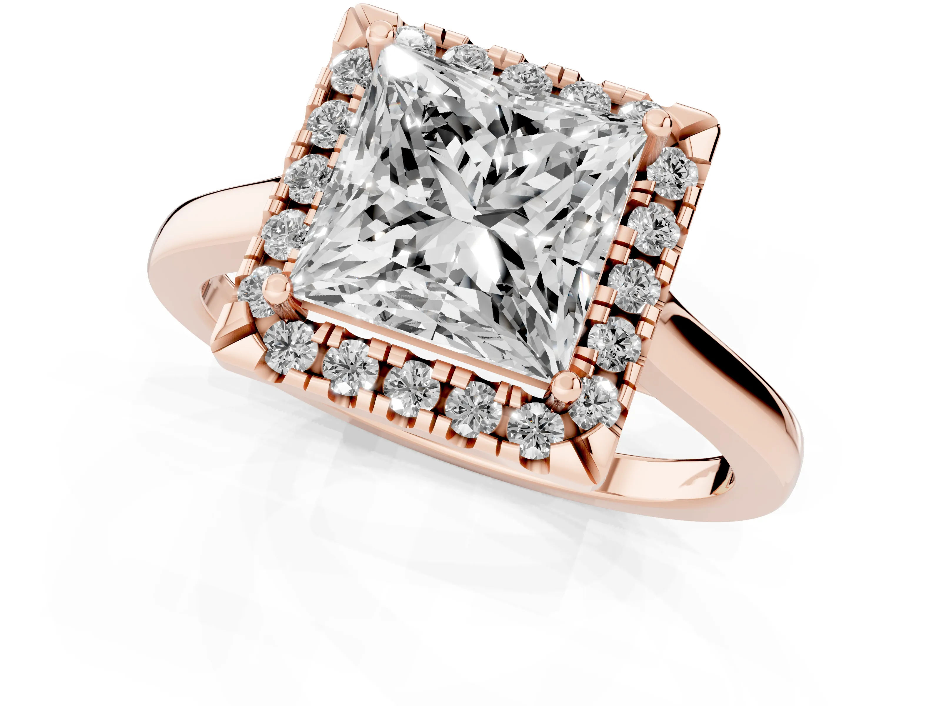 Princess Cut Halo Round Diamond Solitaire Ring Set in Rose gold with Pavé Band and Prong Setting – second view