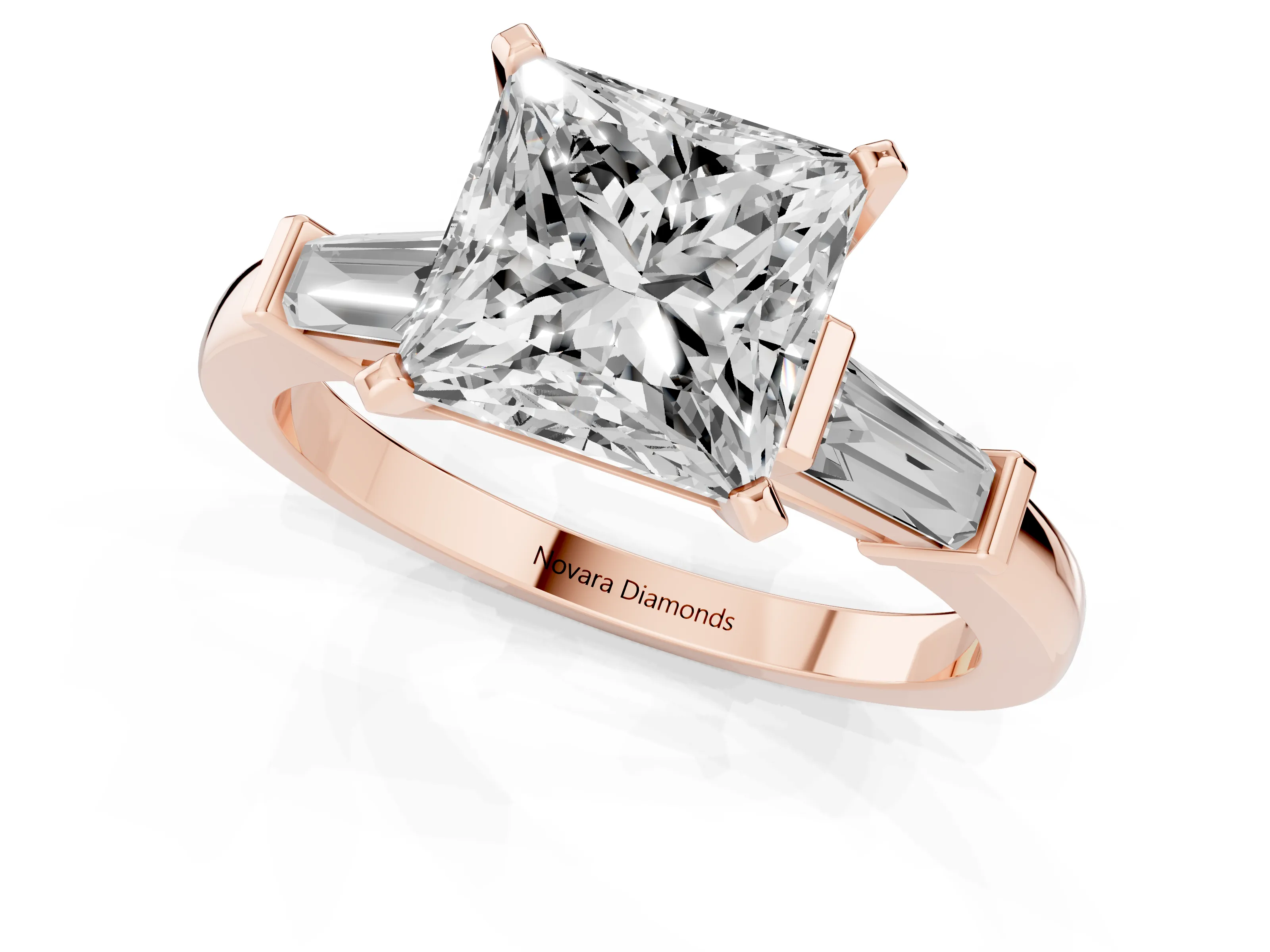 Princess Cut Diamond Solitaire Ring Set in Rose gold with Tapered Baguette Accents and Prong Setting
