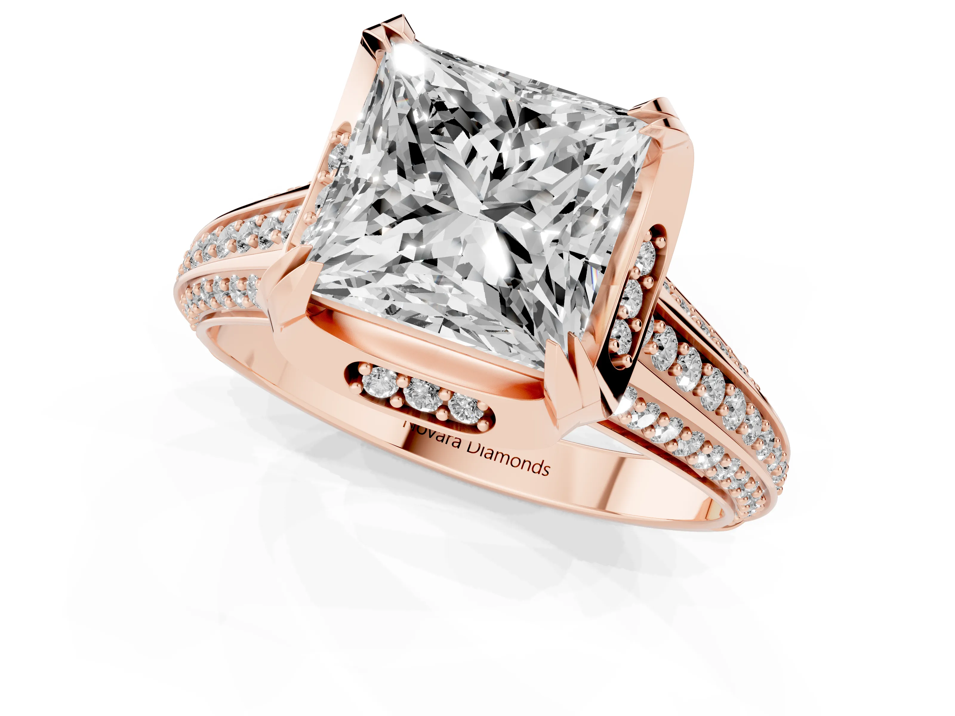 Princess Cut Diamond Pavé Split Shank Solitaire Ring Set in Rose gold with Prong Setting