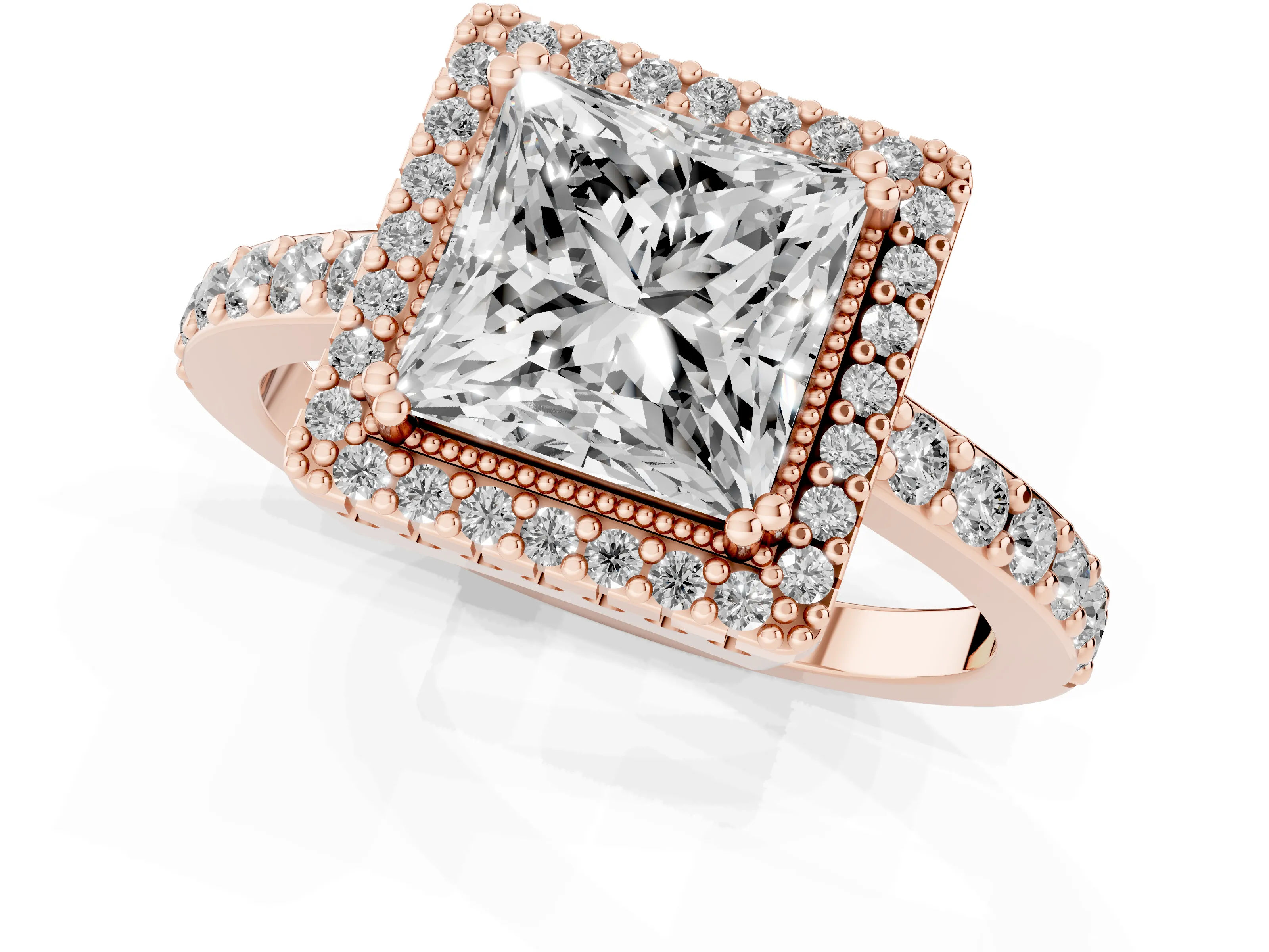 Princess Cut Diamond Halo Engagement Ring Set in Rose gold with Milgrain Detail and Pavé Band