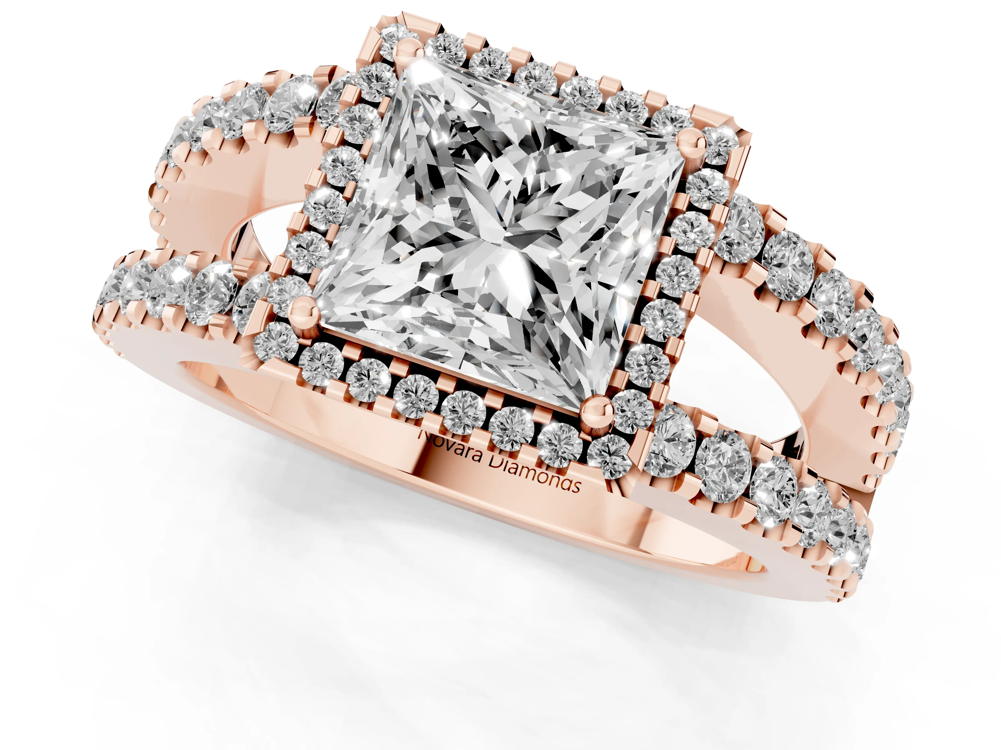 Princess Cut Diamond Halo Ring Set in Rose gold with Pavé Split Shank and Prong Setting