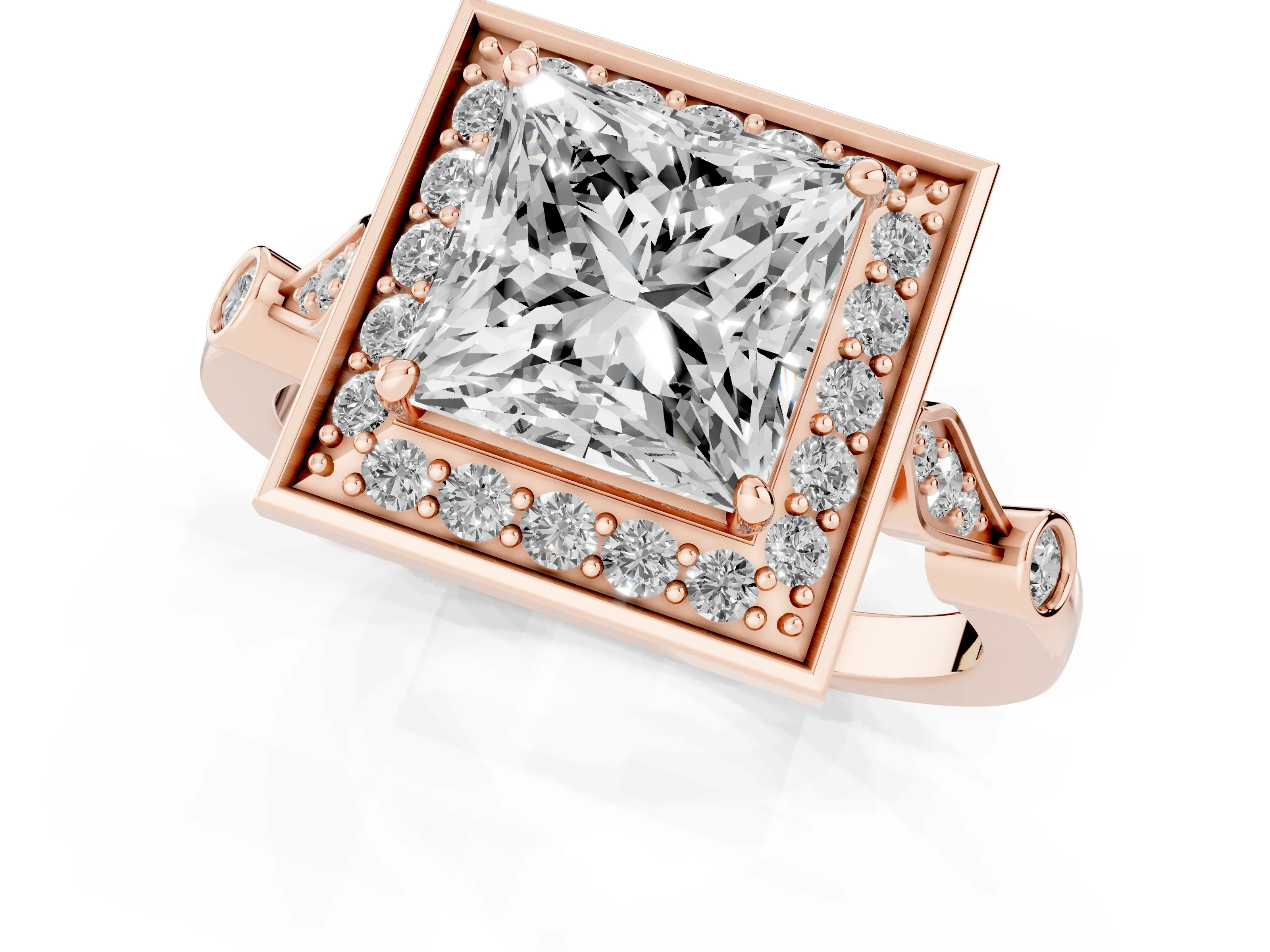 Princess Cut Diamond Halo Engagement Ring Set in Rose gold with Twisted Band and Prong Setting