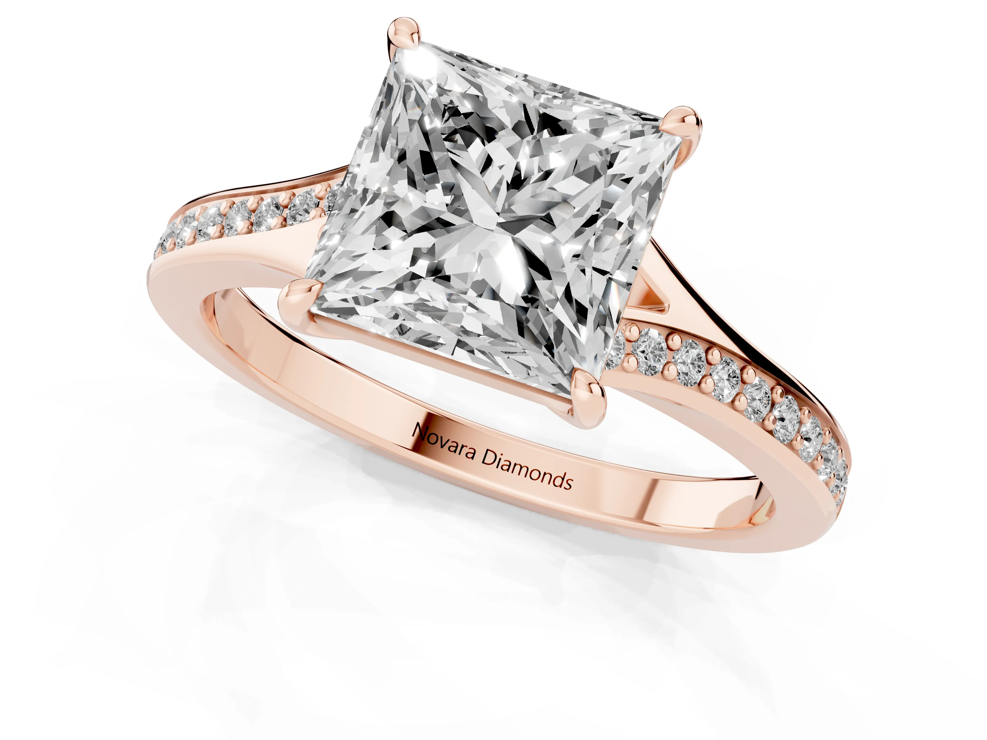 Princess Cut Diamond Solitaire Ring Set in Rose gold with Pavé Accent Band and Classic Prong Setting