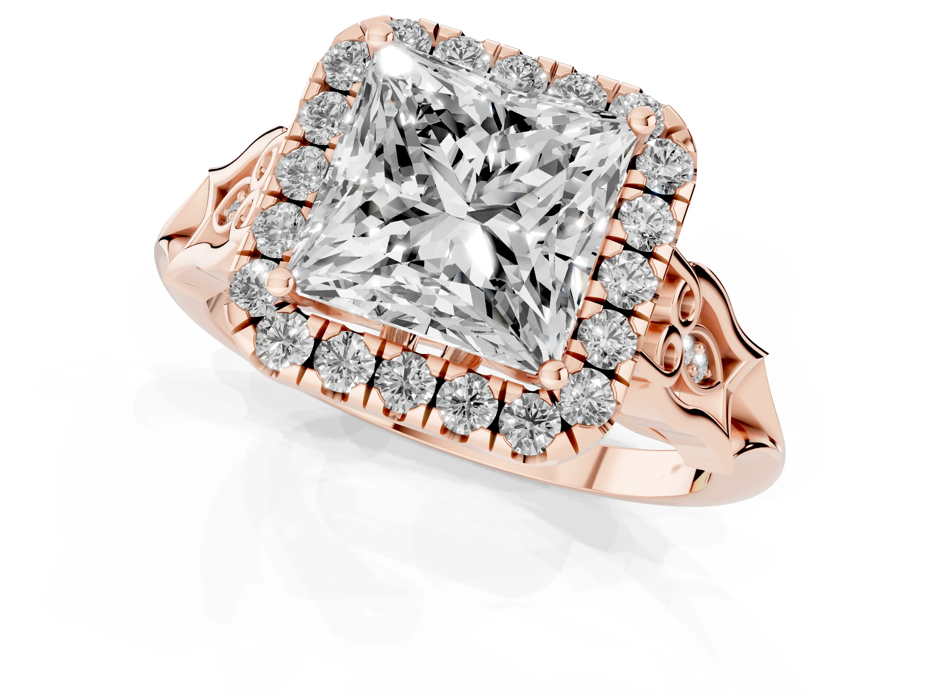 Princess Cut Diamond Halo Engagement Ring Set in Rose gold with Filigree Band and Prong-Set Center