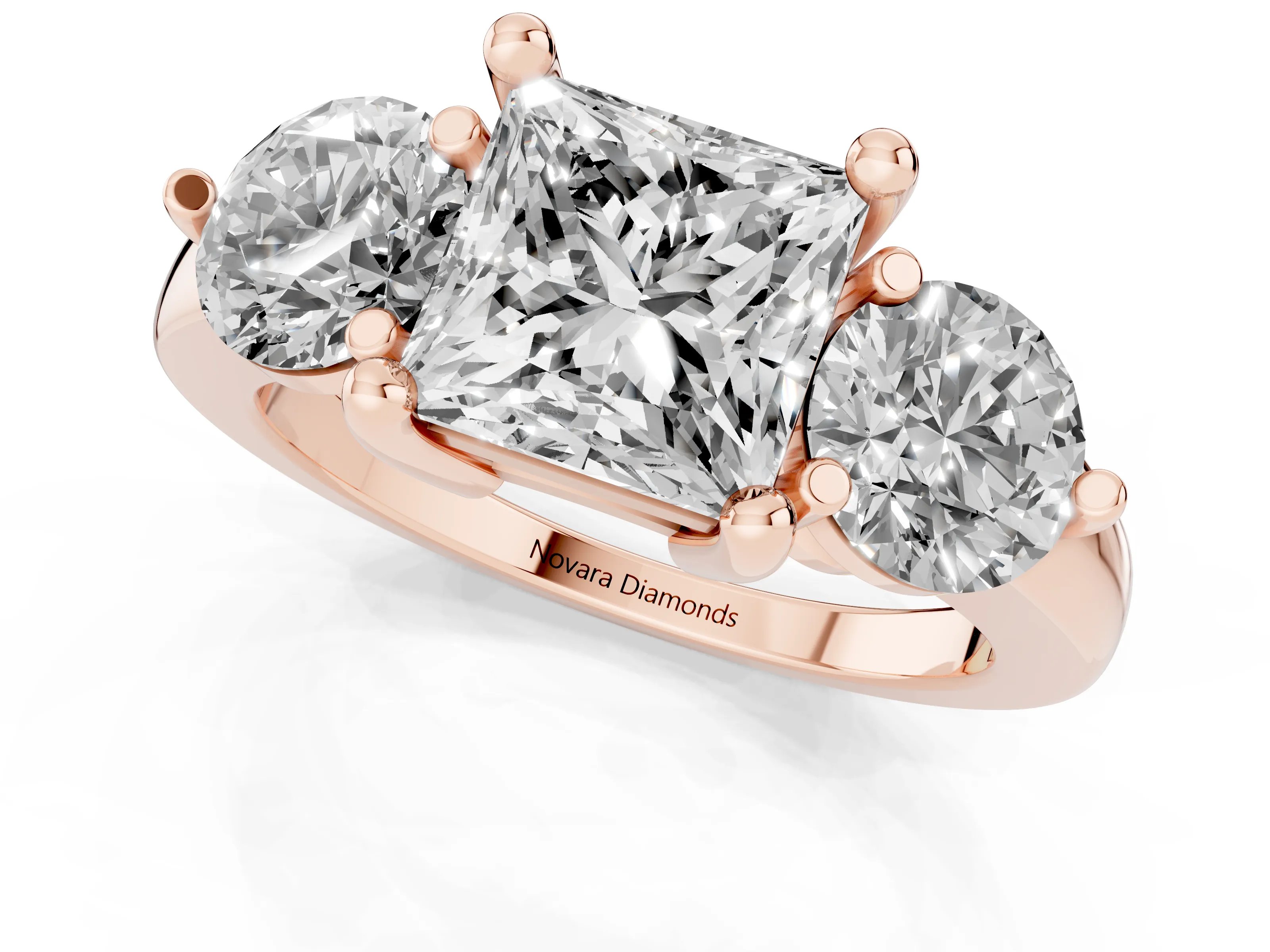 Princess Cut Diamond Three-Stone Ring Set in Rose gold with Prong Setting and Classic Band