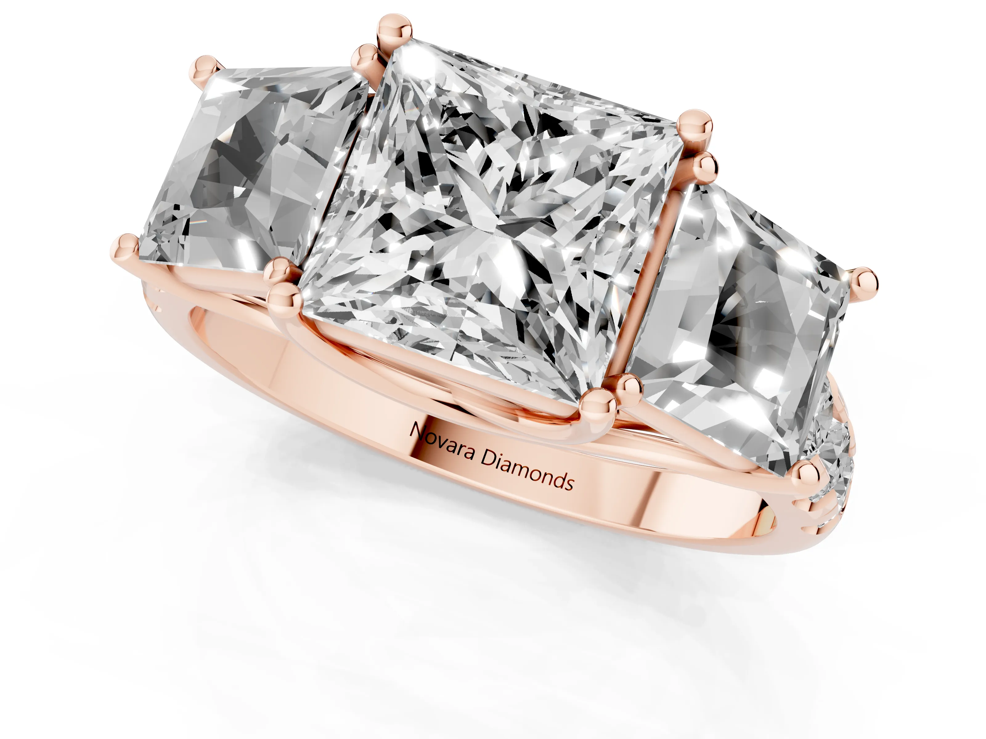 Princess Cut Diamond Three-Stone Ring Set in Rose gold with Pavé Band