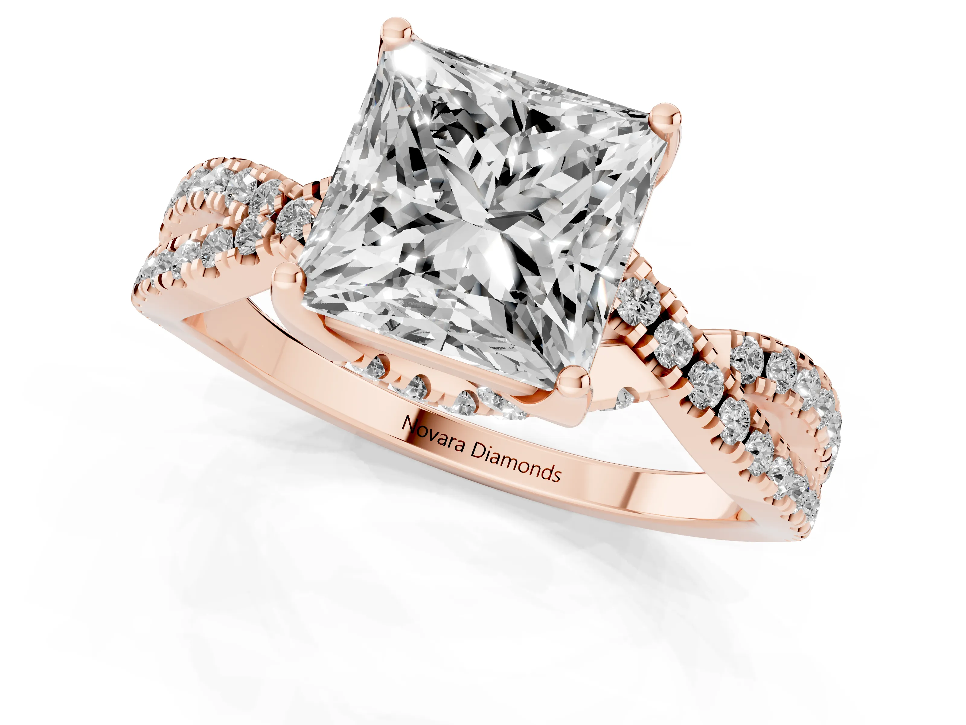 Princess Cut Diamond Twist Pavé Solitaire Engagement Ring Set in Rose gold with Prong Setting