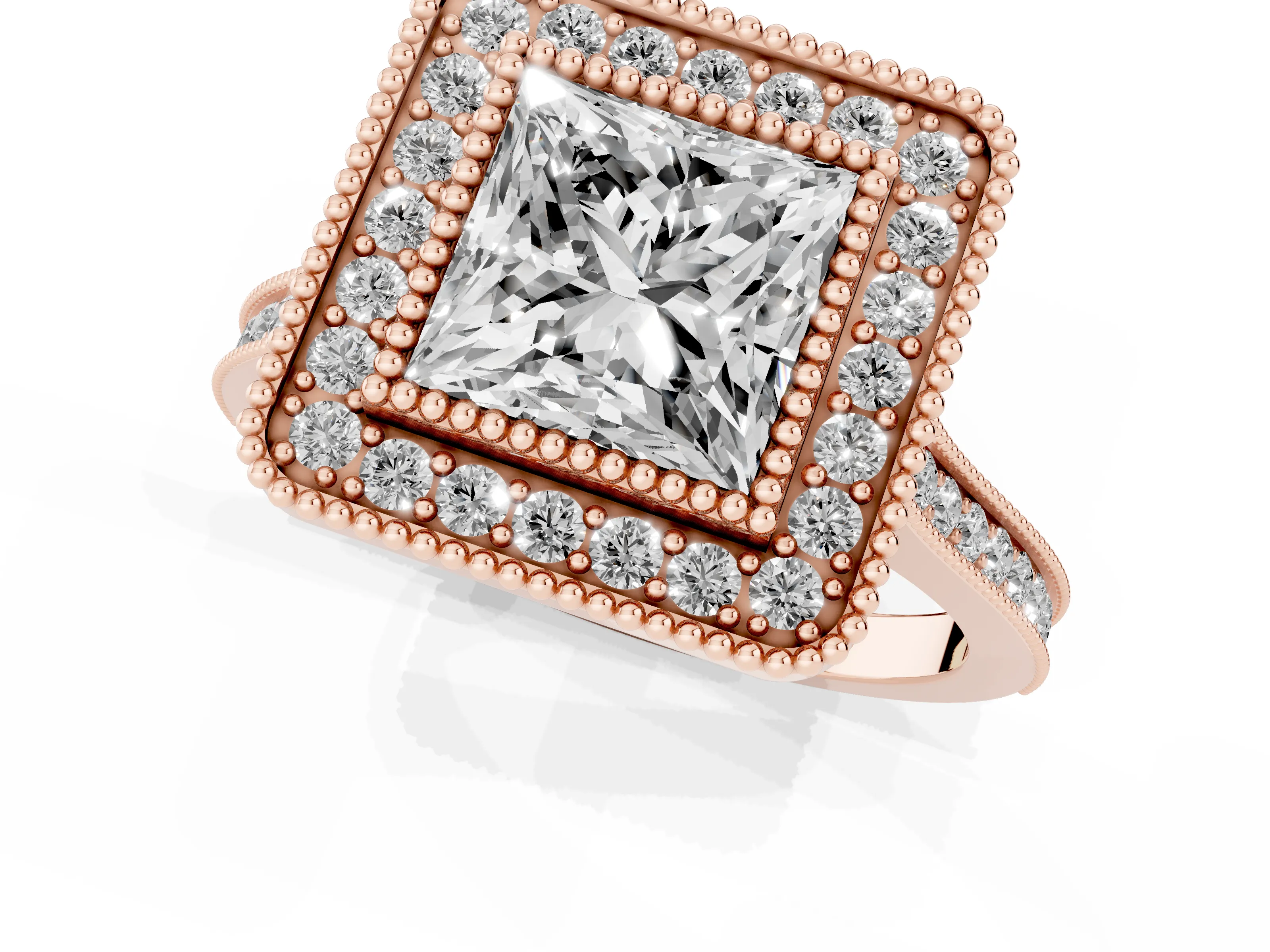 Princess Cut Diamond Halo Ring Set in Rose gold with Milgrain Frame and Pavé Band