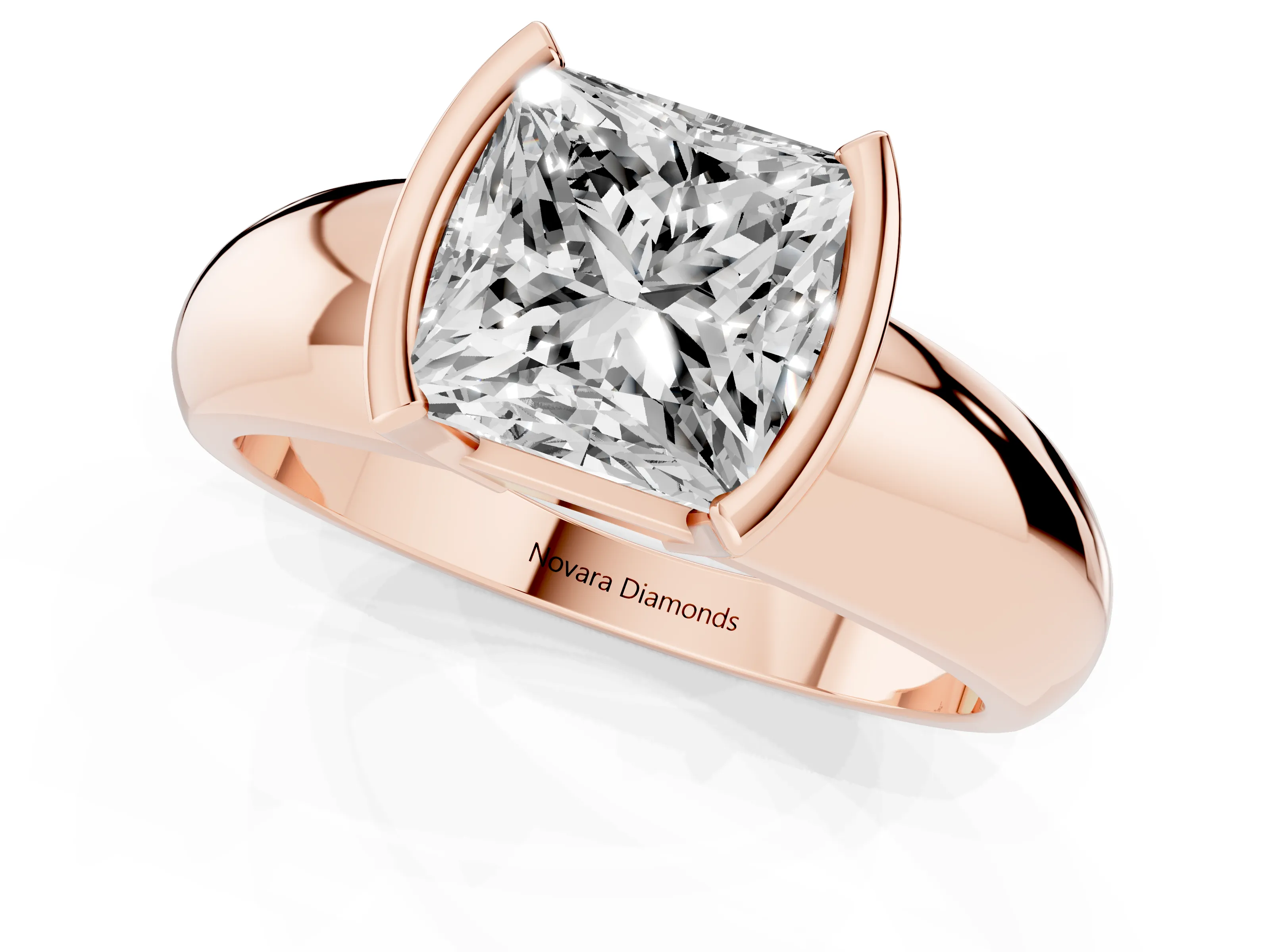 Princess Cut Diamond Solitaire Tension Set Ring Set in Rose gold with Wide Band