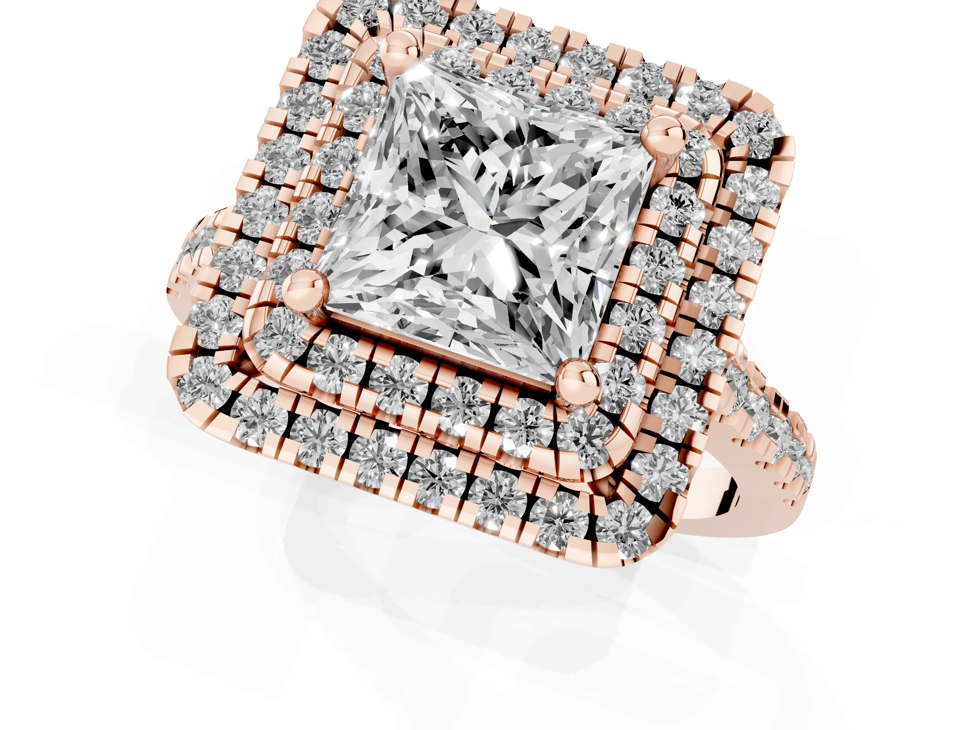 Princess Cut Diamond Double Halo Statement Ring Set in Rose gold with Pavé Band