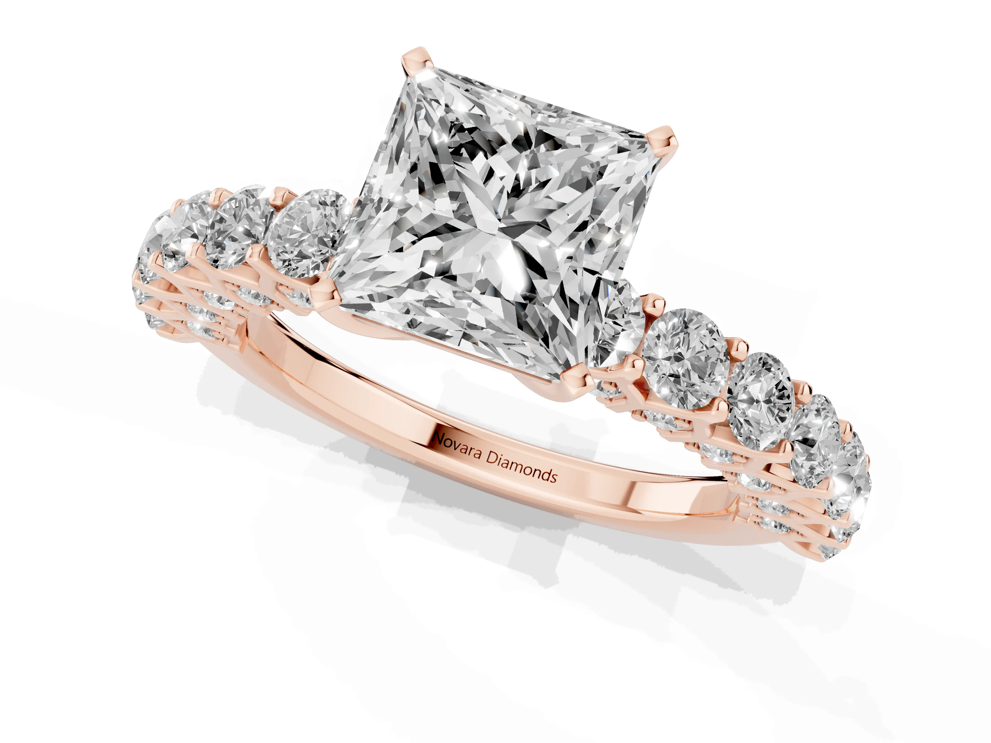 Princess Cut Diamond Solitaire Ring Set in Rose gold with Shared Prong Pavé Band