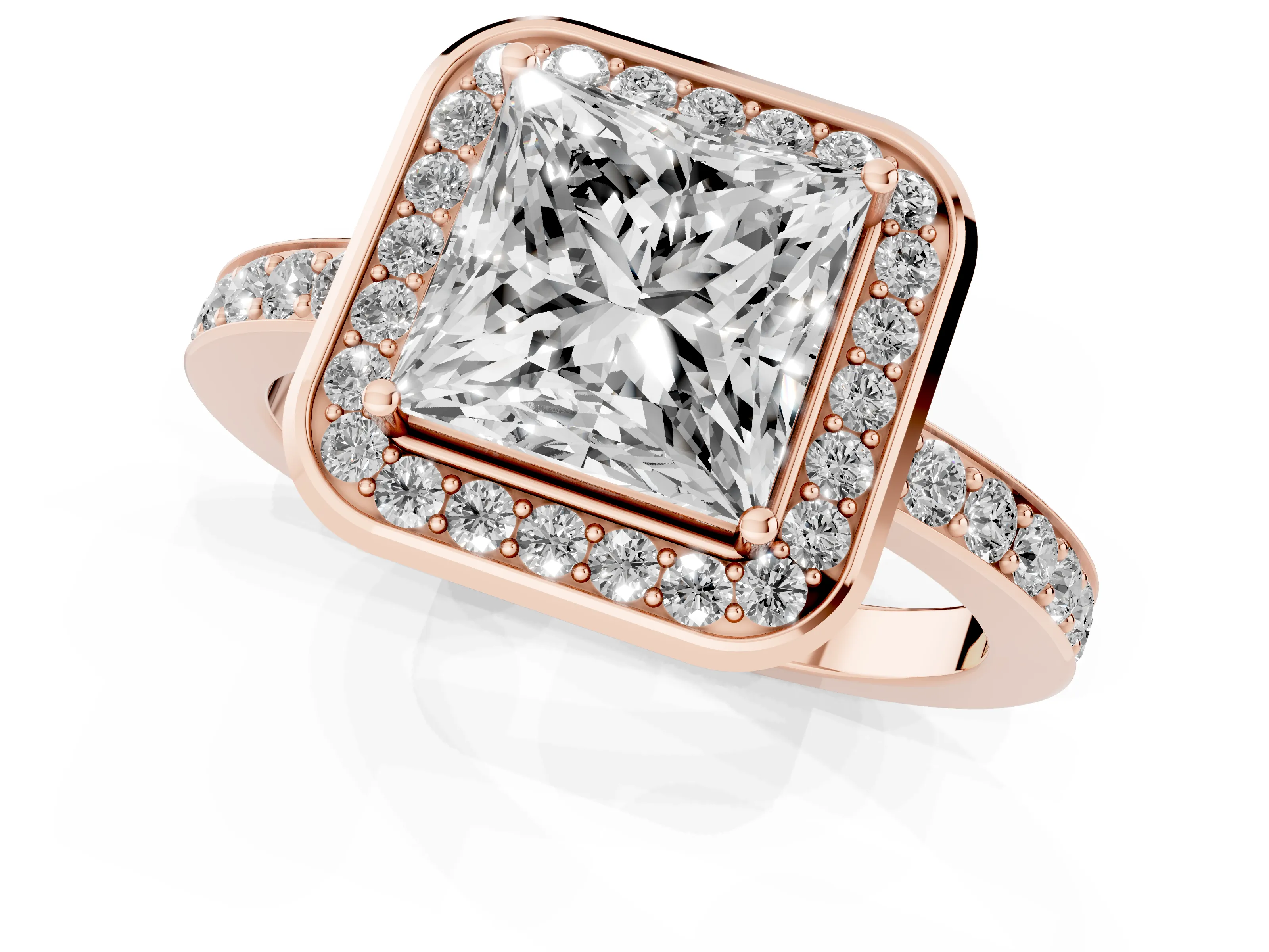 Princess Cut Diamond Halo Ring Set in Rose gold with Bezel Frame and Pavé Band