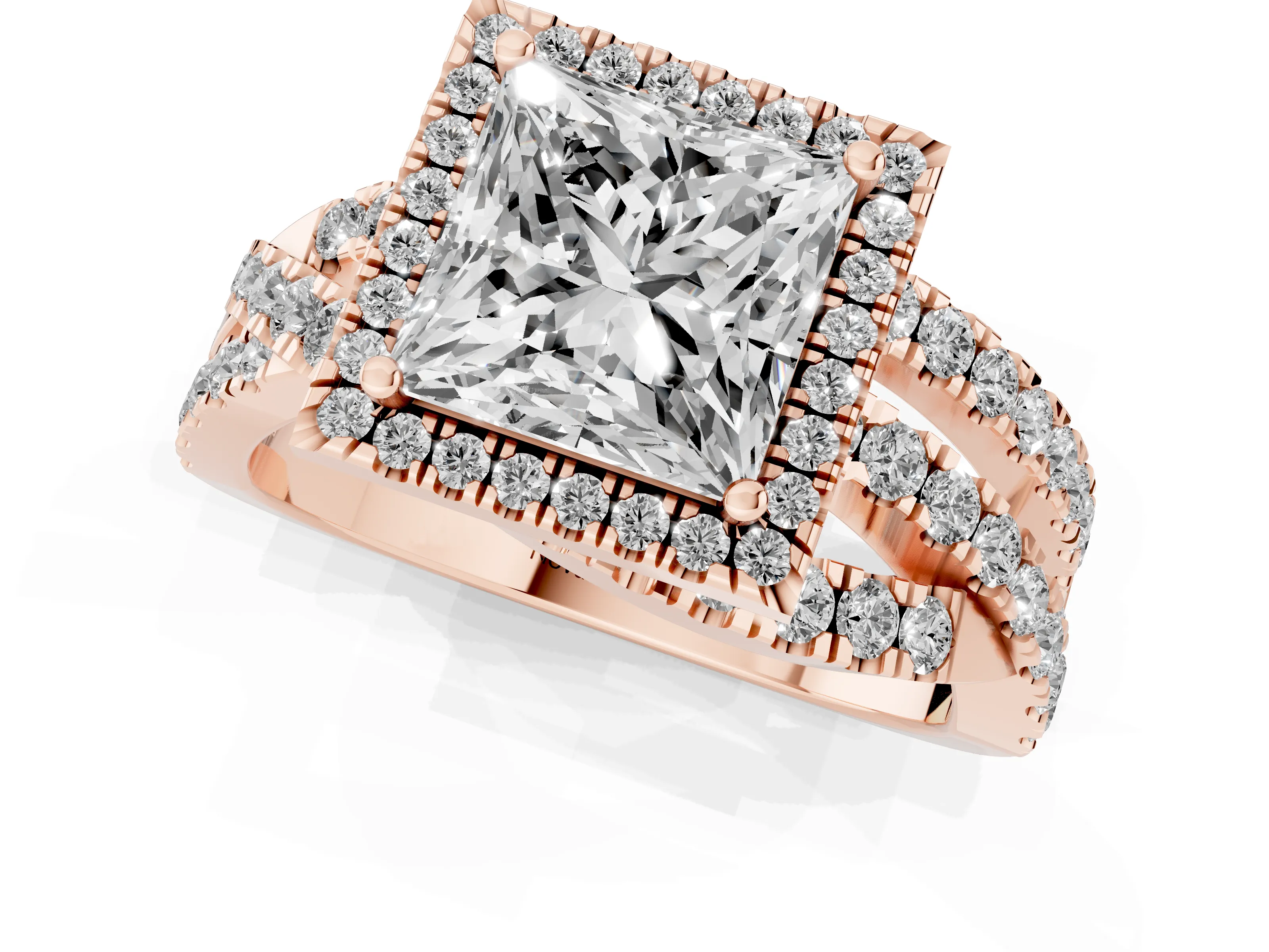 Princess Cut Diamond Halo Ring Set in Rose gold with Round Crossover Split Shank and Prong Setting