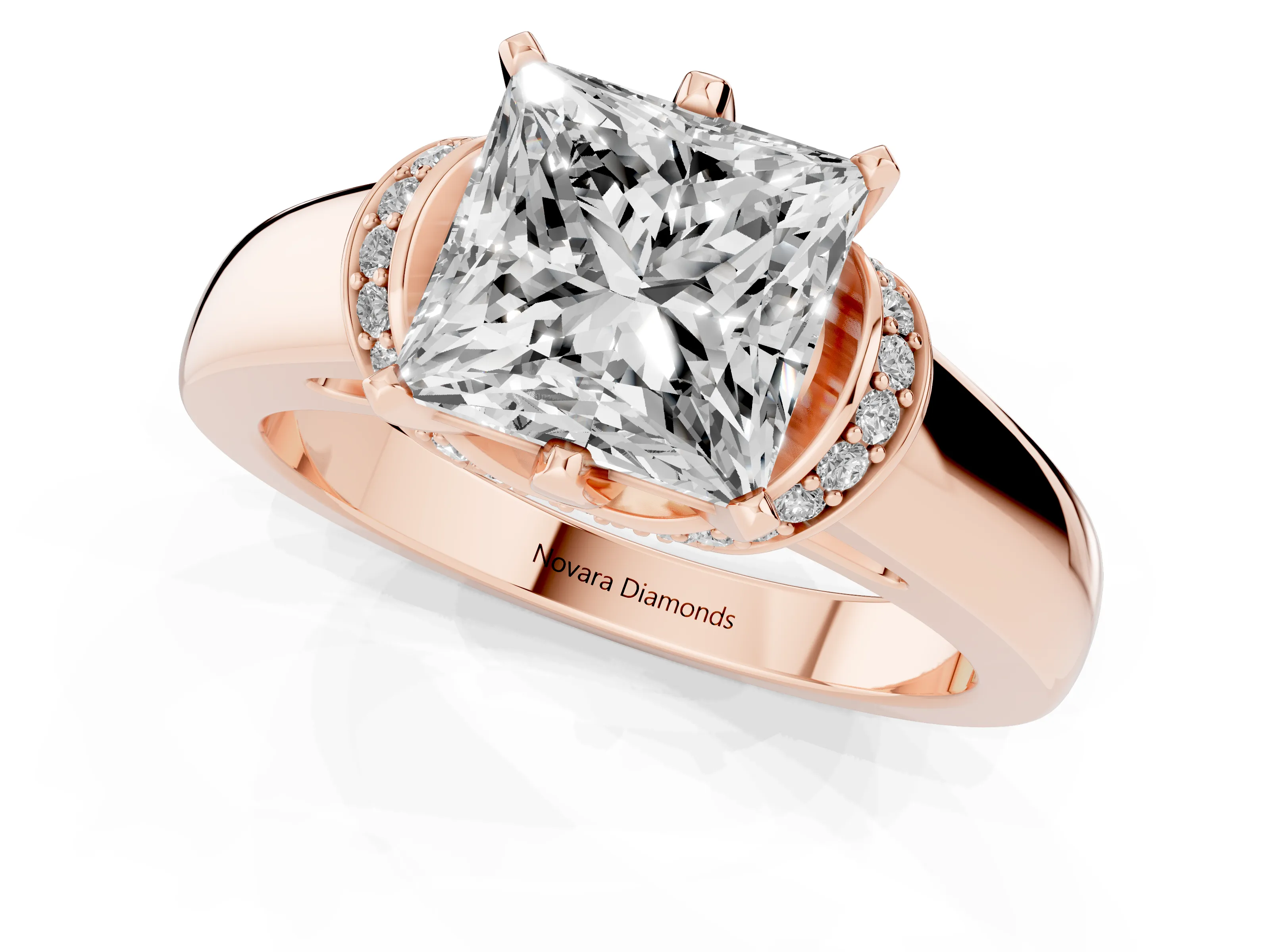 Princess Cut Diamond Pavé Band Solitaire Ring Set in Rose gold with Prong Setting