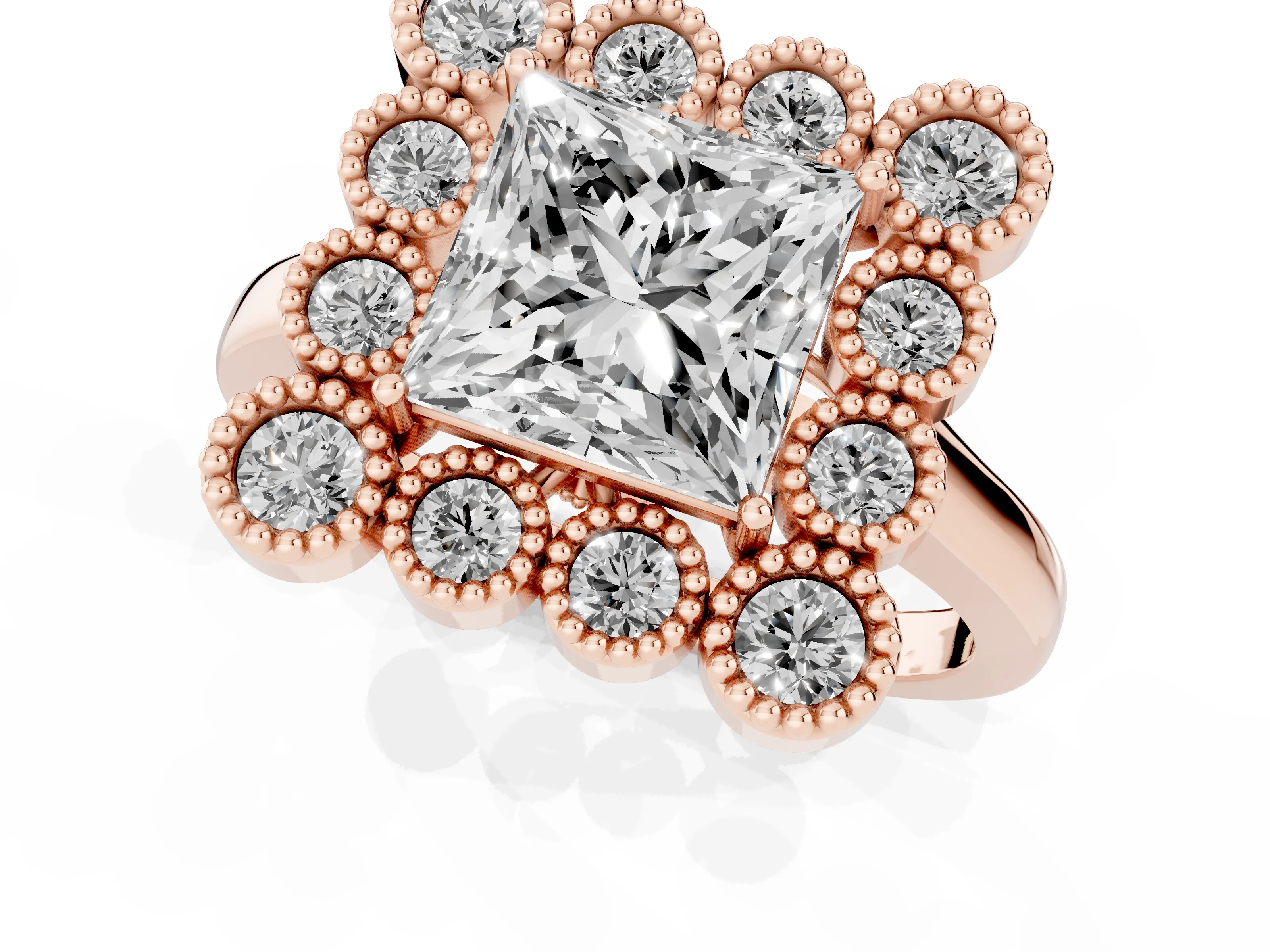 Princess Cut Diamond Cluster Halo Ring Set in Rose gold with Milgrain Bezel Accents and Plain Band