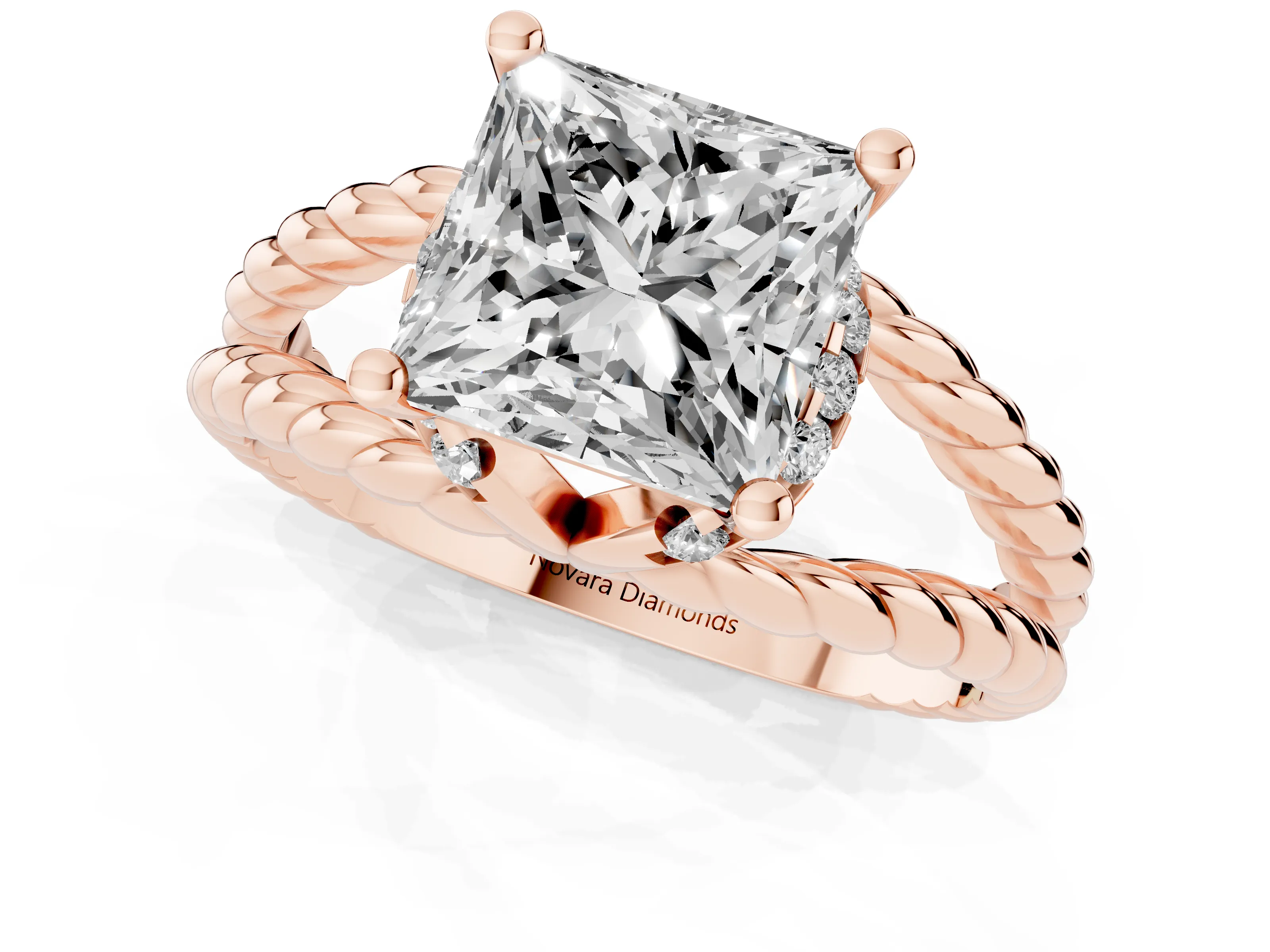 Princess Cut Diamond Halo Ring Set in Rose gold with Twisted Band and Prong Setting