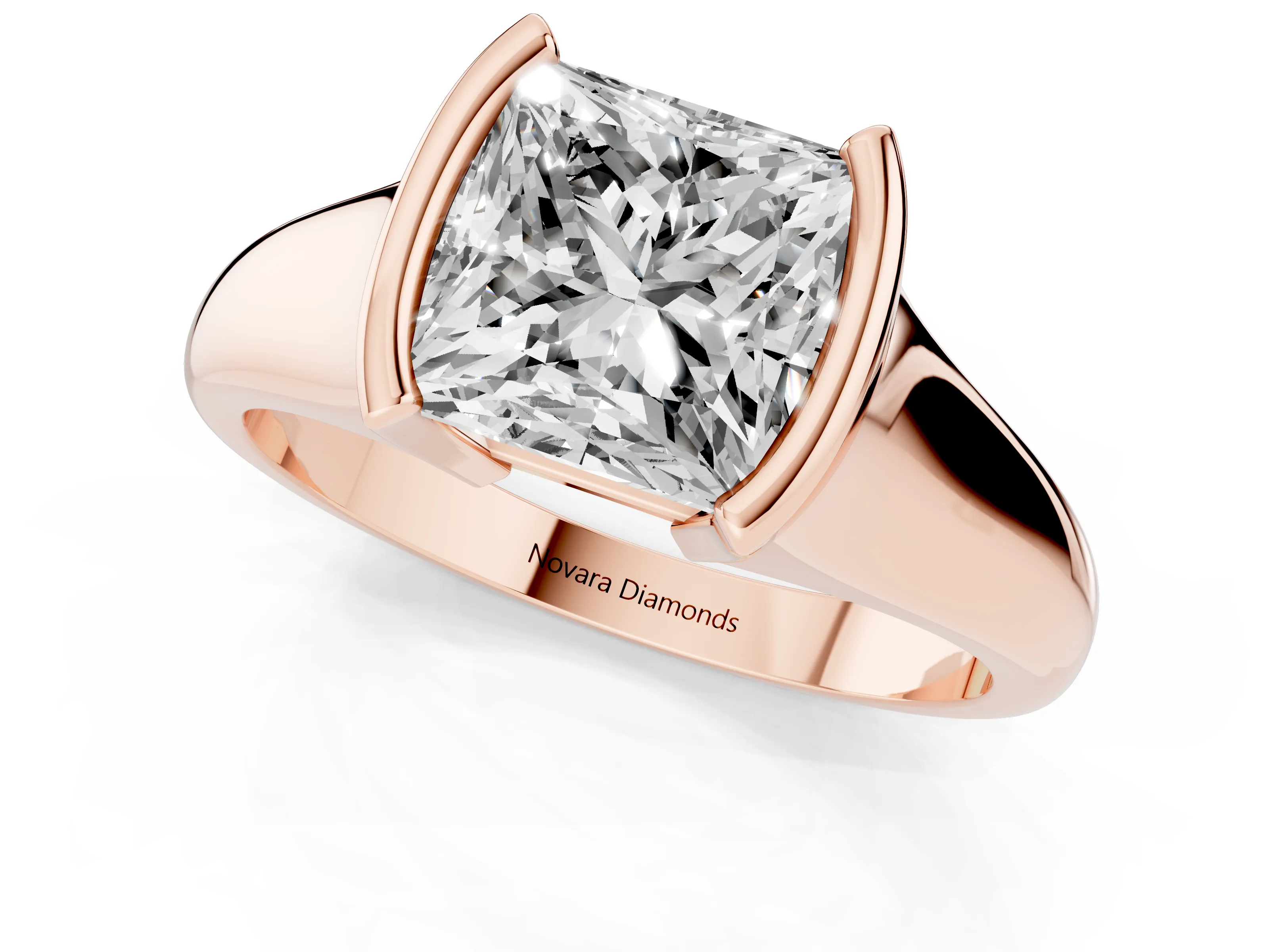 Princess Cut Diamond Solitaire Tension Set Ring Set in Rose gold with Split Shank Band