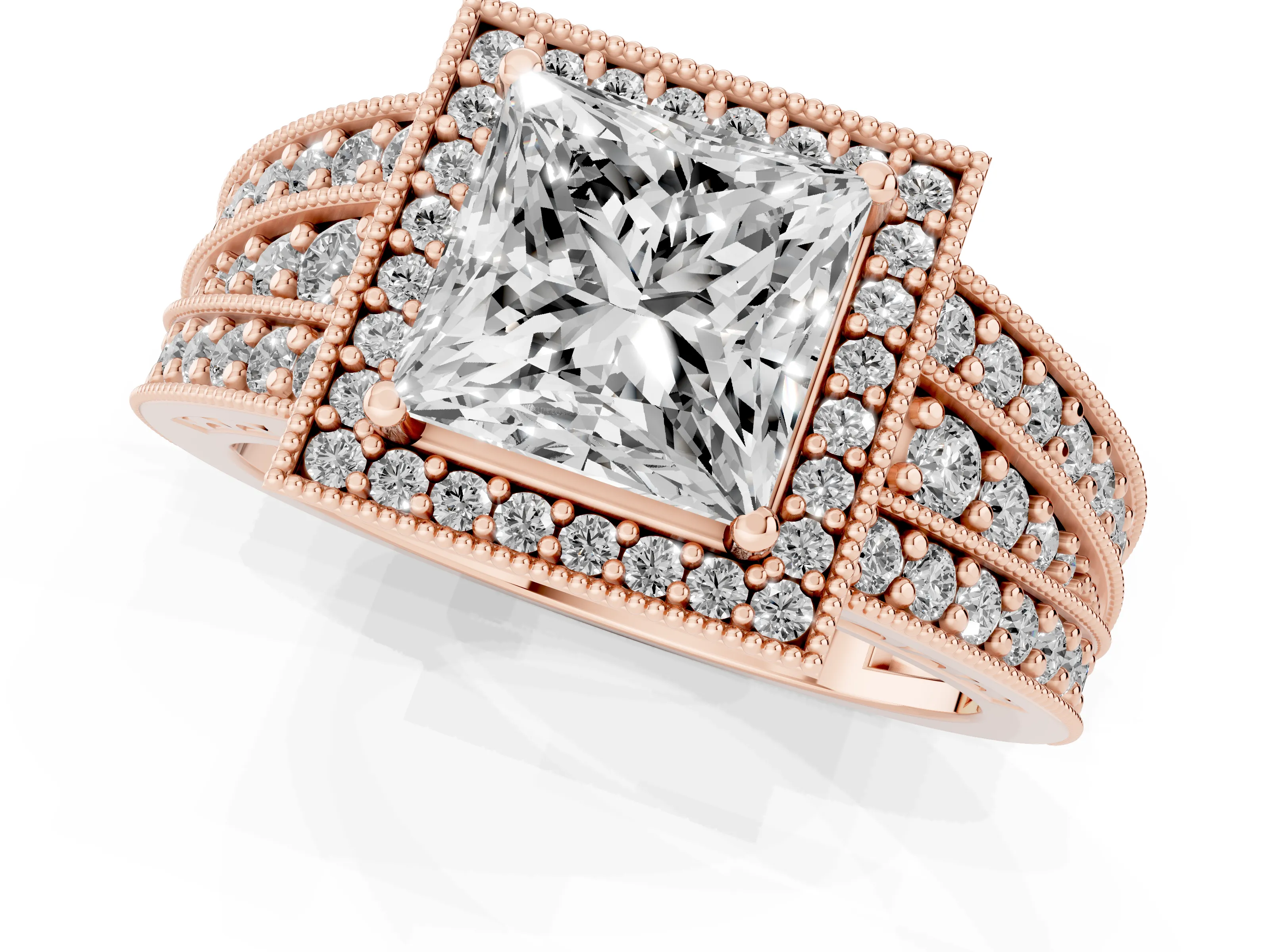 Princess Cut Diamond Halo Ring Set in Rose gold with Accent Split Shank and Prong Setting