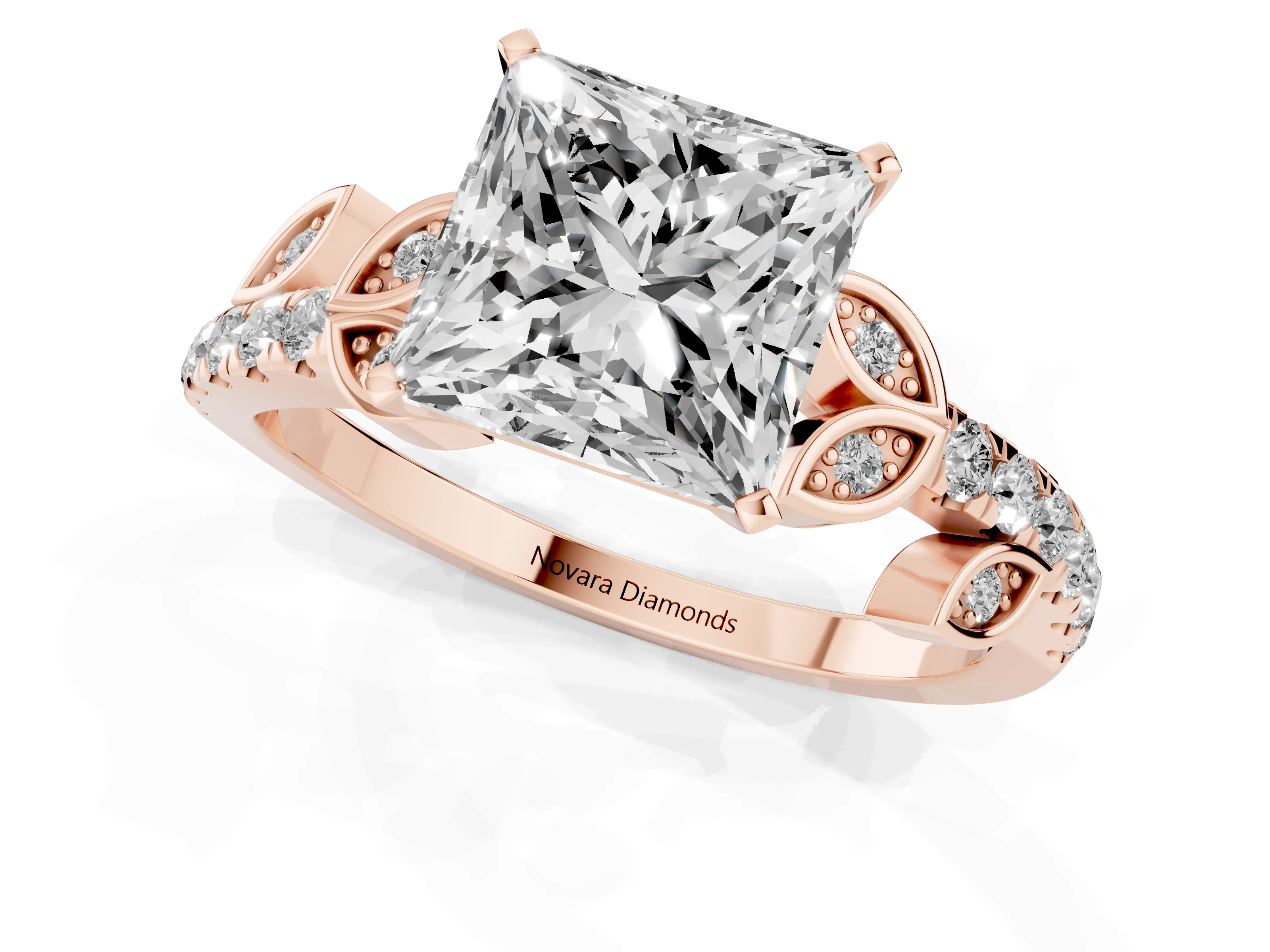 Princess Cut Diamond Solitaire Leaf-Inspired Ring Set in Rose gold with Pavé Band and Prong Setting