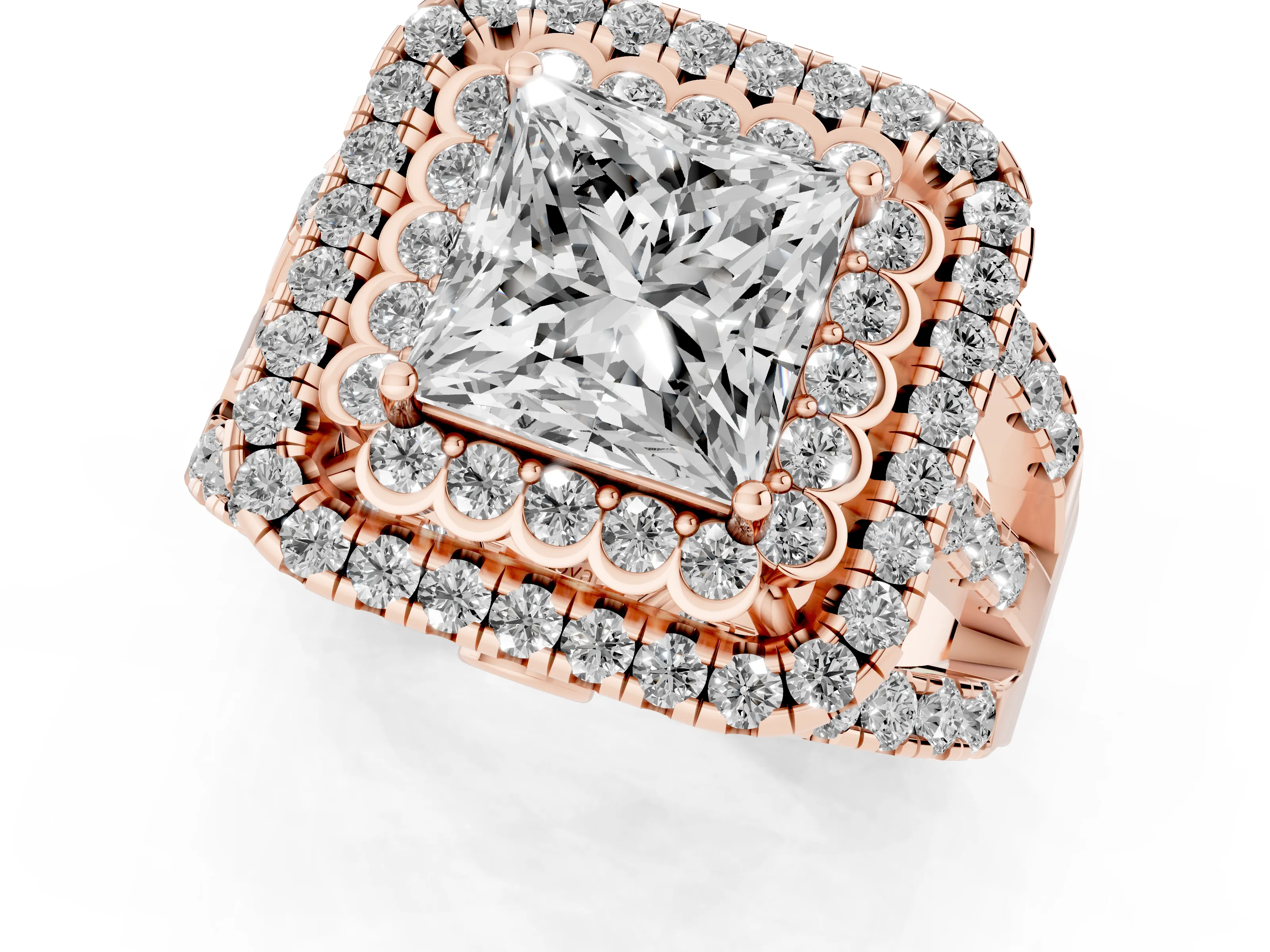 Princess Cut Diamond Double Halo Ring Set in Rose gold with Round Pavé Split Shank