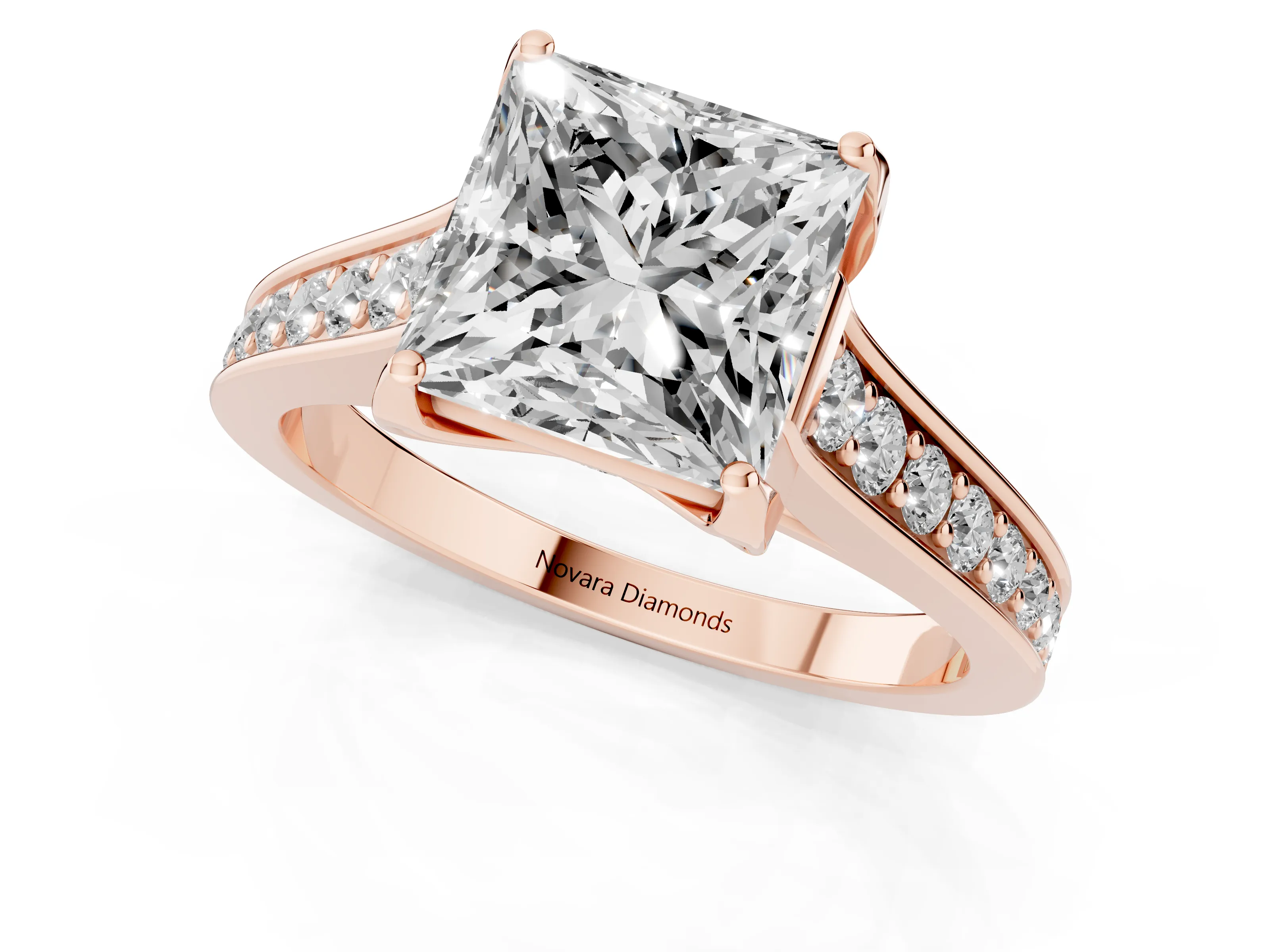 Princess Cut Diamond Solitaire Pavé Engagement Ring Set in Rose gold with Prong Setting