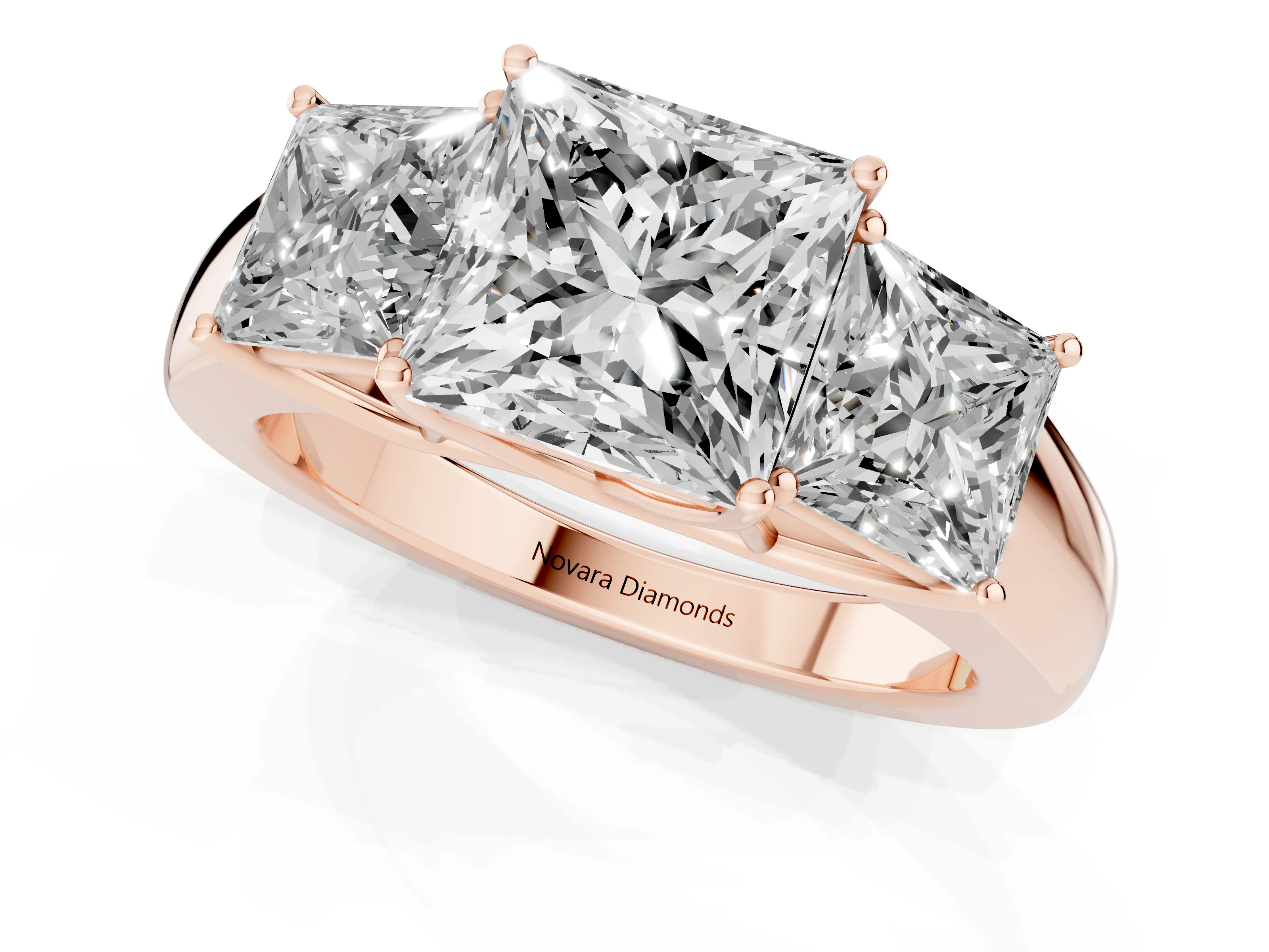 Three-Stone Princess Cut Diamond Ring Set in Rose gold with Matching Prong Settings and Plain Band